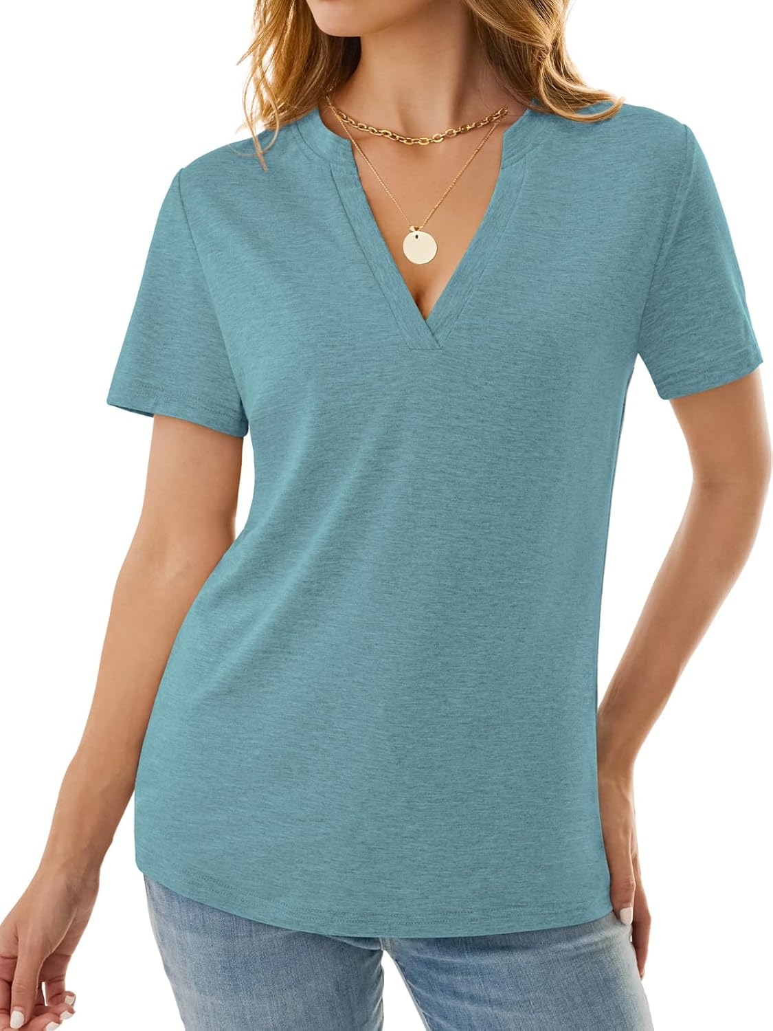 NORACORA Women's V Neck Short Sleeve T Shirt Summer Casual Tops Loose Fit Basic Blouses Trendy Fashion for Work Daily Wear - Image 4