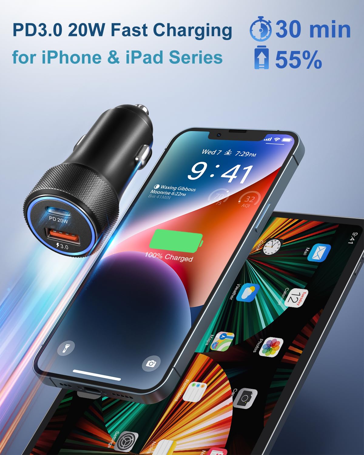 OKRAY Cargador de Coche 36W 2 Puertos USB Carga Rápida Adaptador de Cargador de Coche PD+QC3.0 Doble USB C Adaptador de Alimentación de Aleación con LED (Negro)