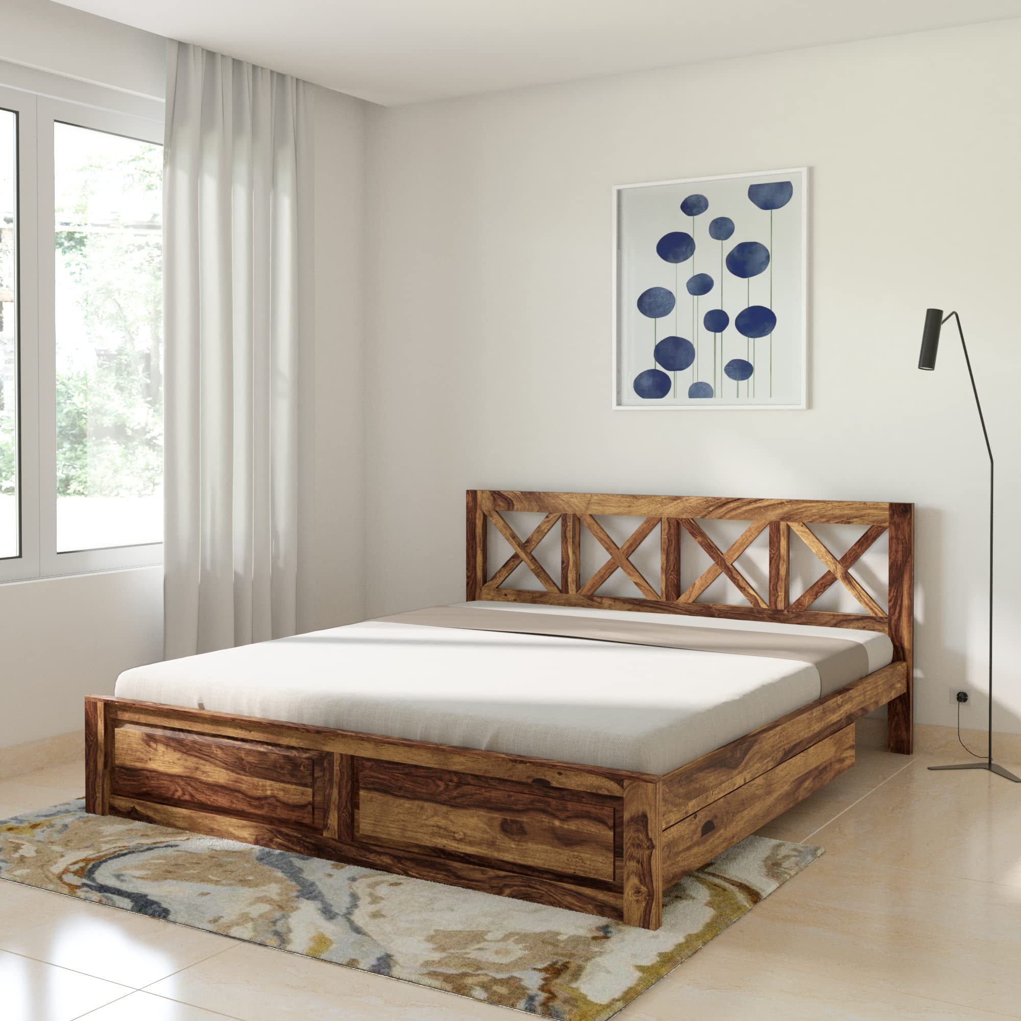 Amazon Brand - Solimo Paarl King Size Solid Sheesham Wood Bed with Storage (Natural Finish, 2 Drawers)