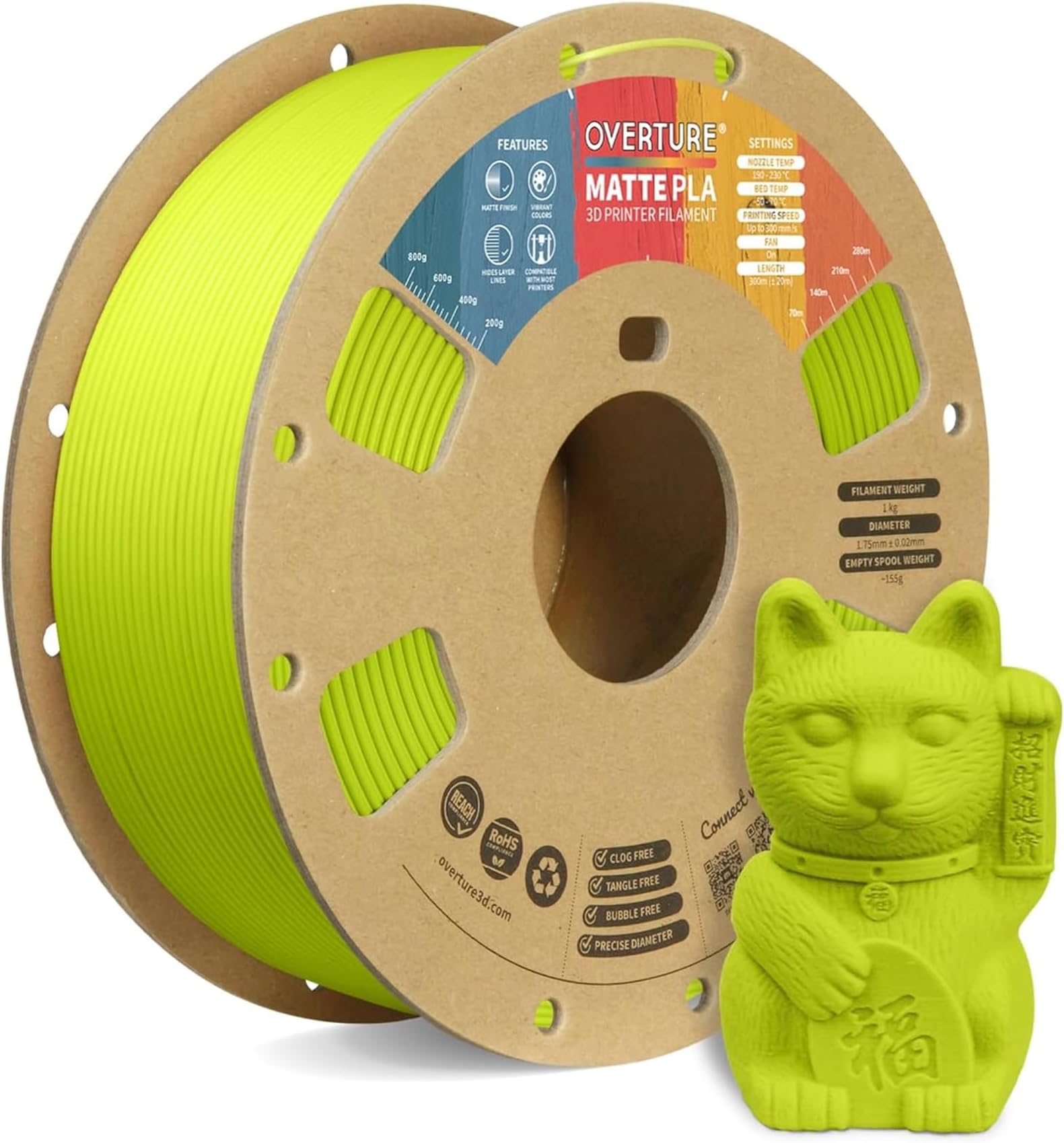 OVERTURE Matte PLA 3D Printer Filament 1.75mm, Matt Surface & Low Warping Filament 1kg Spool (2.2 lbs), Accuracy +/- 0.02 mm, Fit Most FDM Printers (Matte Grass Green)