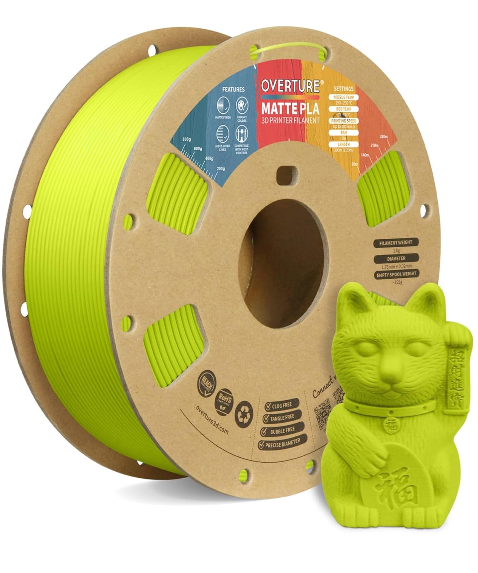 OVERTURE Matte PLA 3D Printer Filament 1.75mm, Matt Surface & Low Warping Filament 1kg Spool (2.2 lbs), Accuracy +/- 0.02 mm, Fit Most FDM Printers (Matte Grass Green)