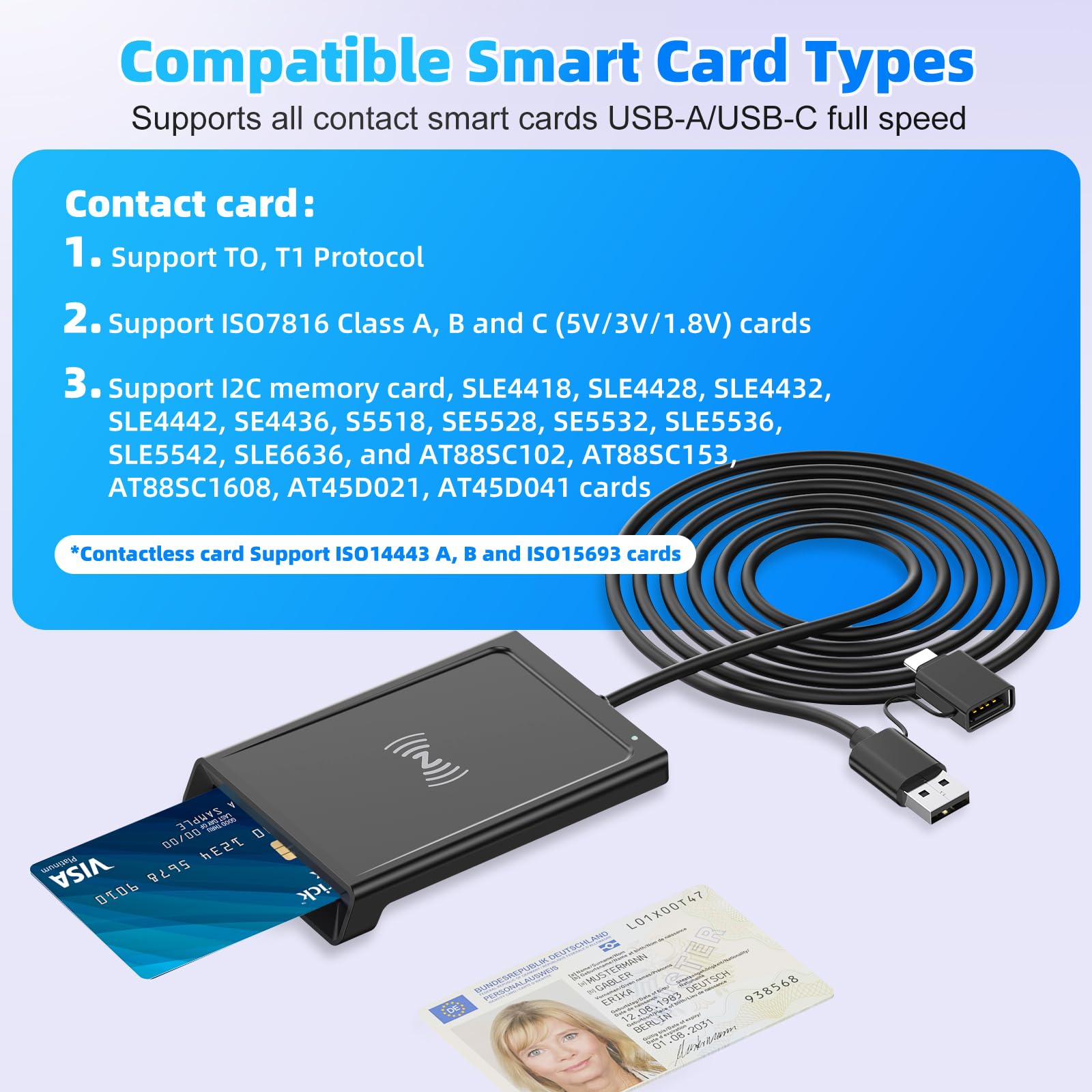 2IN1 USB-A & USB-C Chipkartenleser mit NFC, USB Smart Card Reader Kartenlesegerät DOD Military Kartenleser für den neuen Personalausweis Bankkarten kompatibel mit Windows, Linux, Android,95cm Kabel