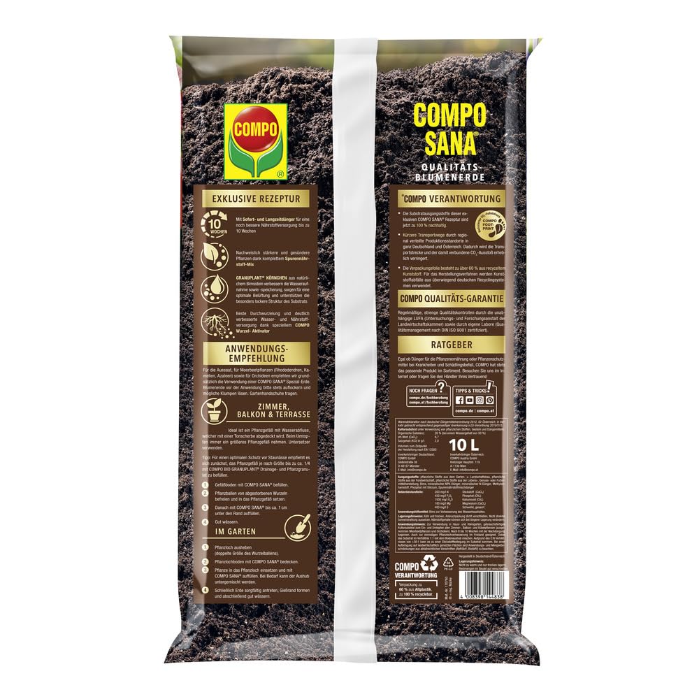 Compo SANA® - Tierra para flores de calidad sin turba, 10 L, universal para plantas de interior, balcones y plantas en macetas, suelo estable para plantas de interior con abono inicial, suministro