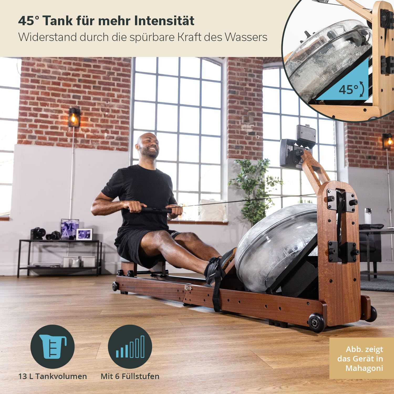 Skandika Wasserrudergerät Holz klappbar Nytta | Holz Rudergerät Wasser mit 45° Tank, 95% aufgebaut, schneller Aufbau, aus massiver europäischer Buche, Kinomap App kompatibel, Rudergerät für Zuhause