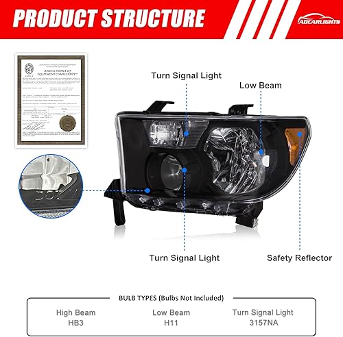 Miniatura 3 de ADCARLIGHTS Conjunto de faros delanteros Toyota Tundra 2005-2006 para Toyota Tundra Double Cab 2005-2006 Sequoia Clear Lens Black con reflector