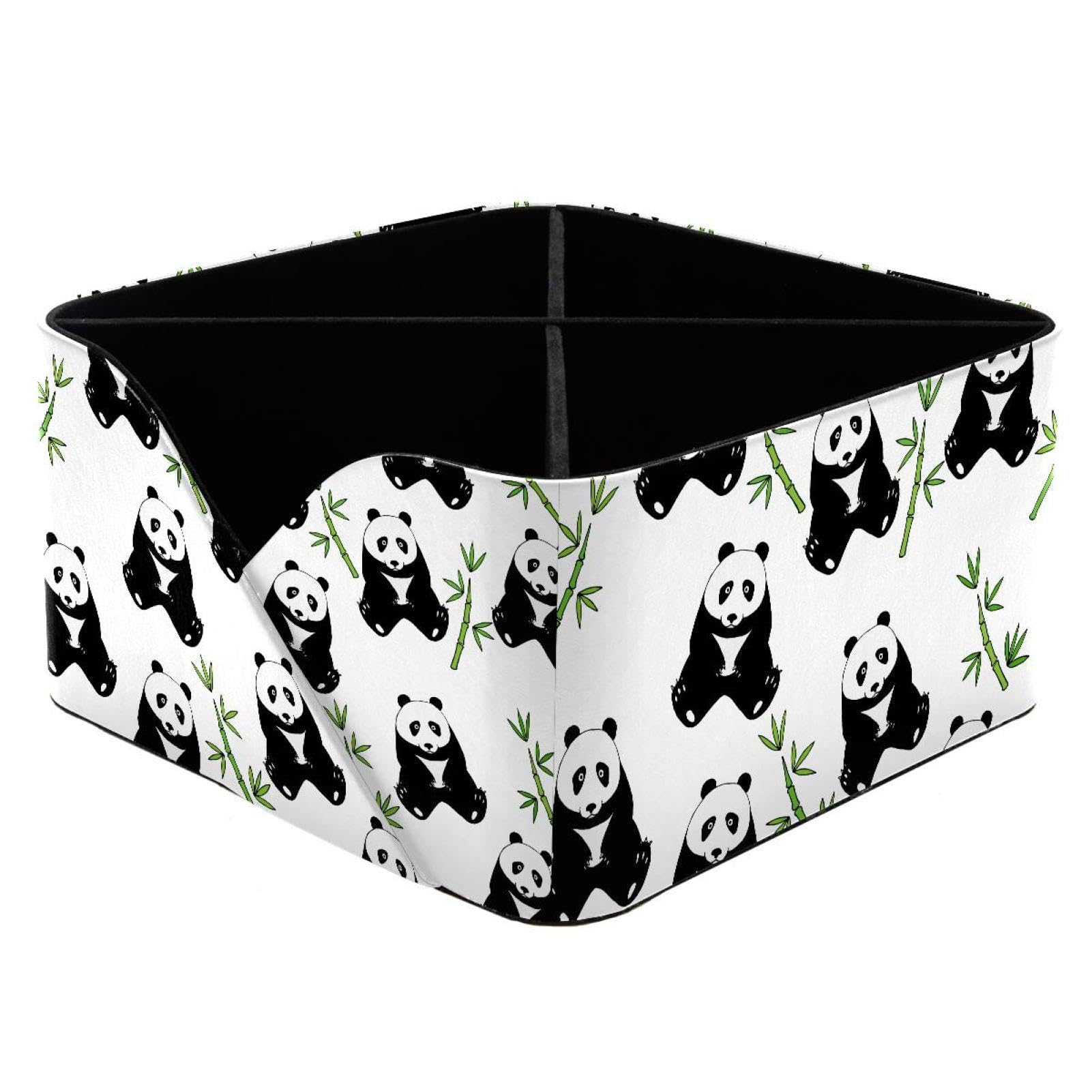 KengjuTesu Cute Panda Bamboo Pattern Desktop Organizer Pen Holder, Rectangular Pencil Cup for Office, Study and Makeup Stations