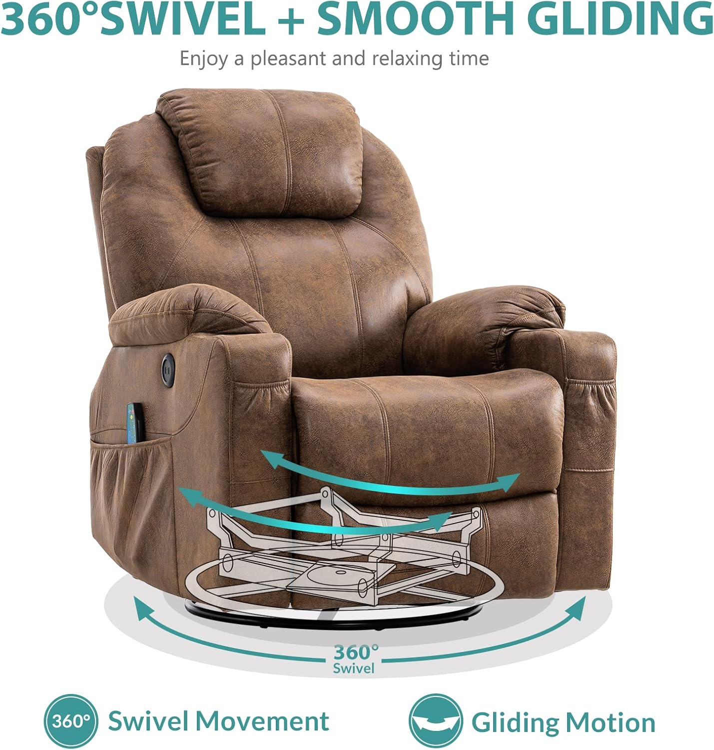 MEETWARM Swivel Rocker Massage Recliner Chair with Heat Ergonomic, Manual Glider Rocking Recliner Chair, 360° Swivel Lounge Reclining Chair with 4 Pockets/Cup Holders/Remote Control/USB Ports (Brown)