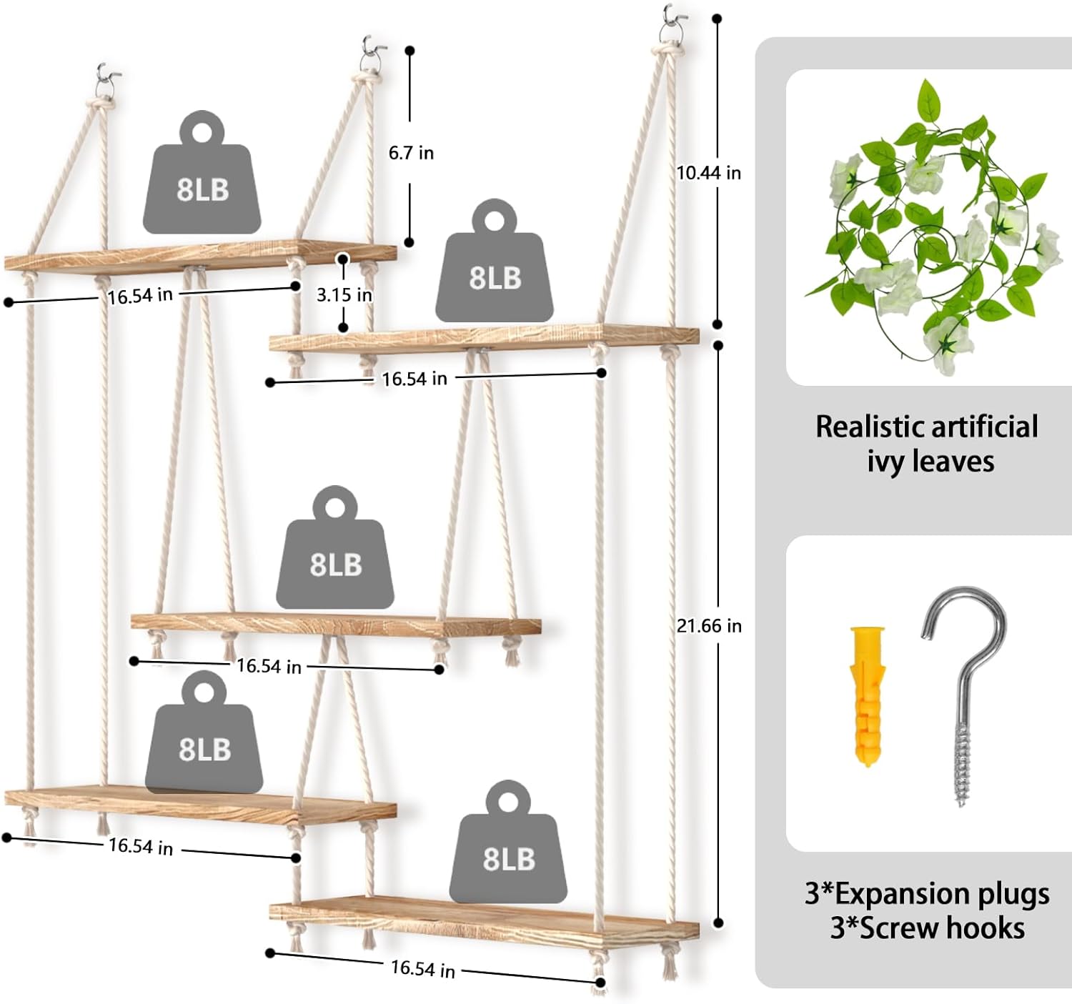 Hanging Shelves for Wall 5 Tier Macrame Rope Floating Shelves with Vine Lights Boho Wall Mounted Decor Wood Organizer Storage Rack for Bedroom, Bathroom, Kitchen