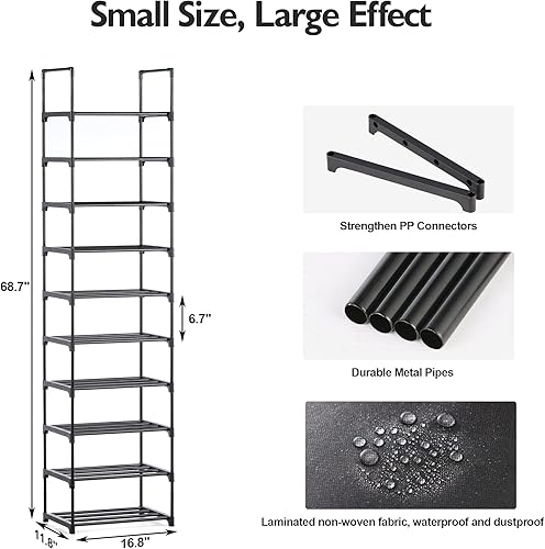 Miniatura 3 de HODYANN Zapatero de 10 niveles, 20 pares de organizadores estrechos para zapatos, estante de zapatos de tela no tejida que ahorra espacio, estante