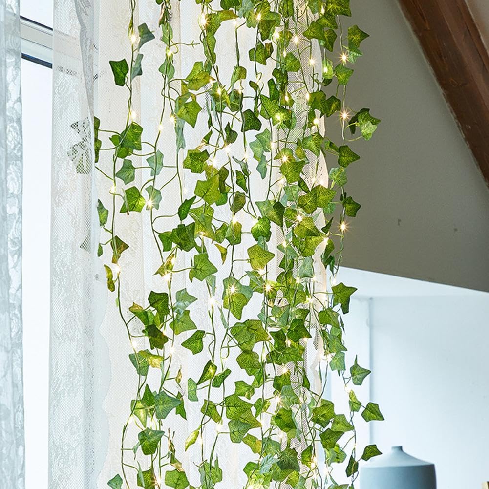 HFSAZJ 33ft Vine with Fairy Lights Plug in, 100 LED Vine with Fairy Lights with Remote, Warm White Ivy Garland String Light Battery Operated, Leaf Lamps for Christmas Wall Garden (Green B 5M/16.5FT)