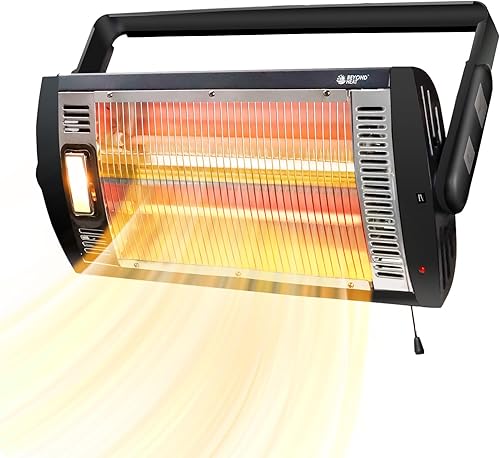 BEYOND HEAT Calentador radiante de cuarzo doble montado en el techo de 7501500W, calentadores eléctricos de garaje con inclinación ajustable de 90