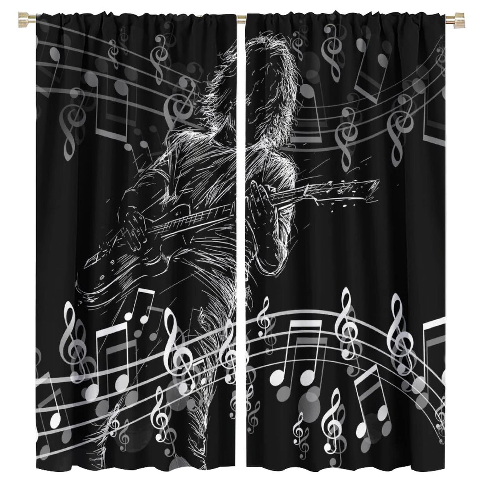 Guitar Music Blackout Curtains,Rock Roll Music Musical Notes Instrument Punk Window Treatments Curtains for Kids Teens Boys Bedroom Living Room Decor W63xL72in