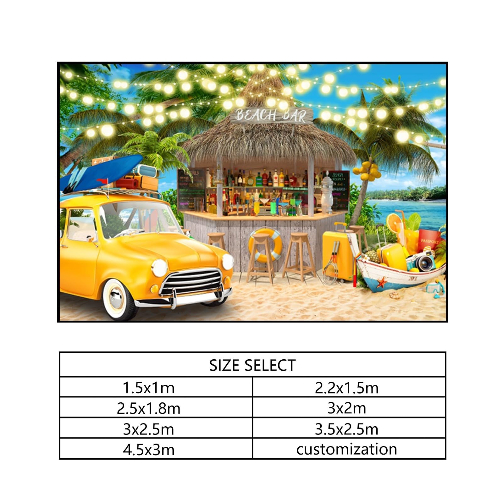 YongFoto 2,2x1,5m Sommer-Strand-Kulisse Bar Auto Bote Árbol de Coco Brillantina Tropical Fondo para fotografía Vacaciones Hawai Cartel de cumpleaños para niños Boda Ducha Nupcial Camping Foto Prop