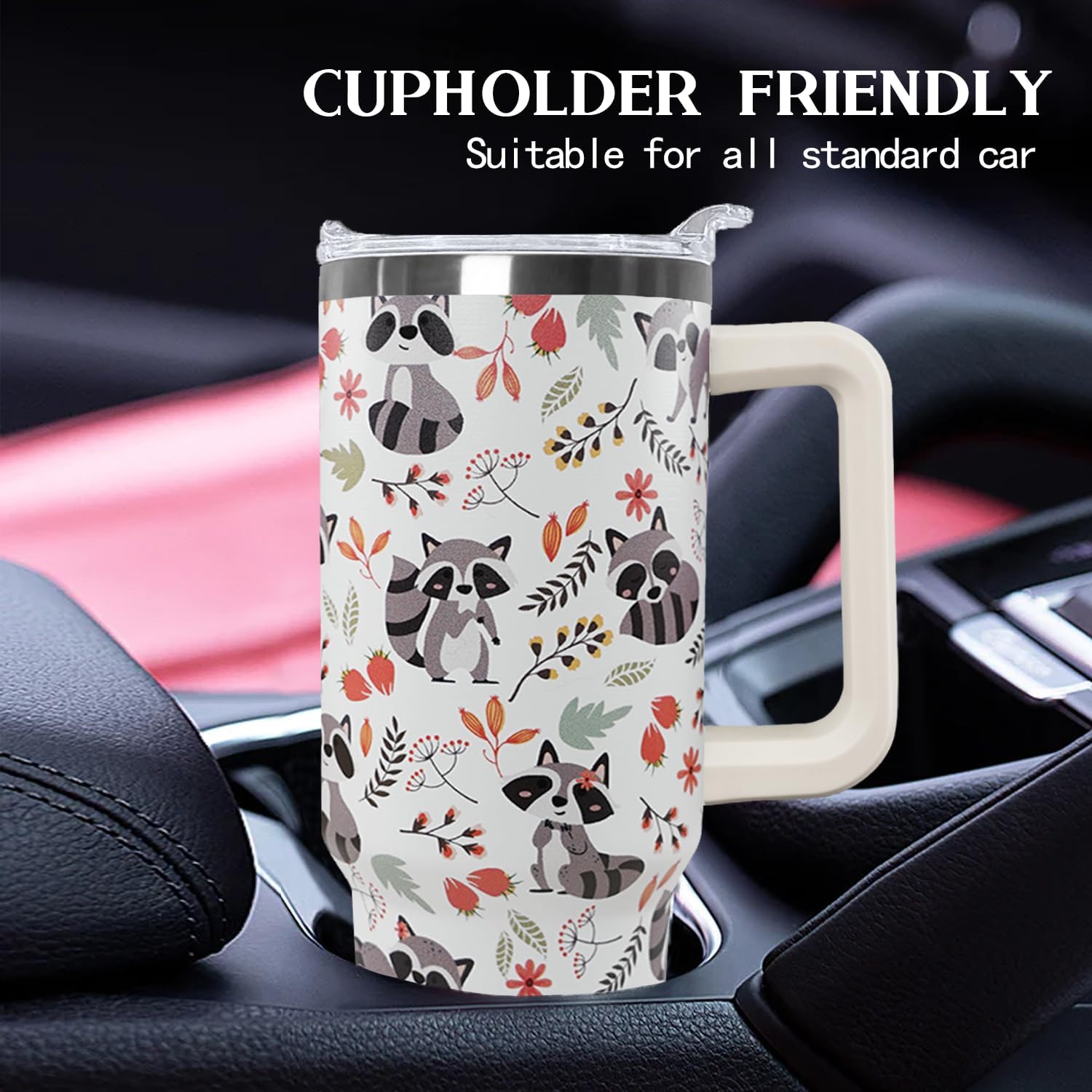 Ceovfoi 40 Oz Racoon Tumbler With Handle, Coffee Travel Mug Cup Water Bottle, Racoon Decor, Gifts for Women - Image 3