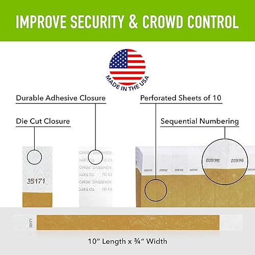 Miniatura 2 de WristCo Pulseras Tyvek doradas para eventos, 300 unidades, cómodas pulseras de papel resistentes a desgarros, pulseras de identificación para