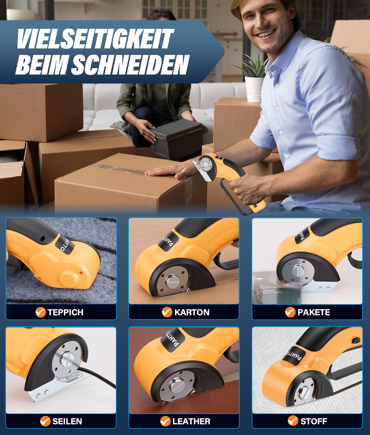 PAHTTO Kartonschneider elektrisch Schere mit Handgriff, Kabellose Rollschneider Akku-Universalschneider Rotationsschneider für Papier, Pappe, Teppich, Leder, Filz, Stoff
