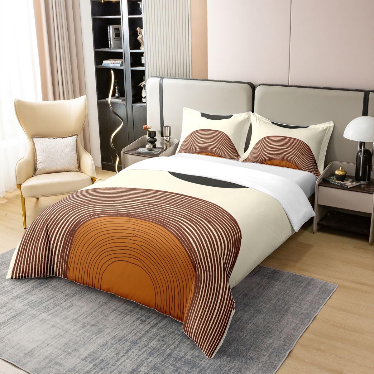 jejeloiu Boho Cotton Duvet Cover Set for Kids Boys Girls Mid Century Abstract Sun and Moon Comforter Cover Queen Size Sunrise Rainbow Bedding Set Modern