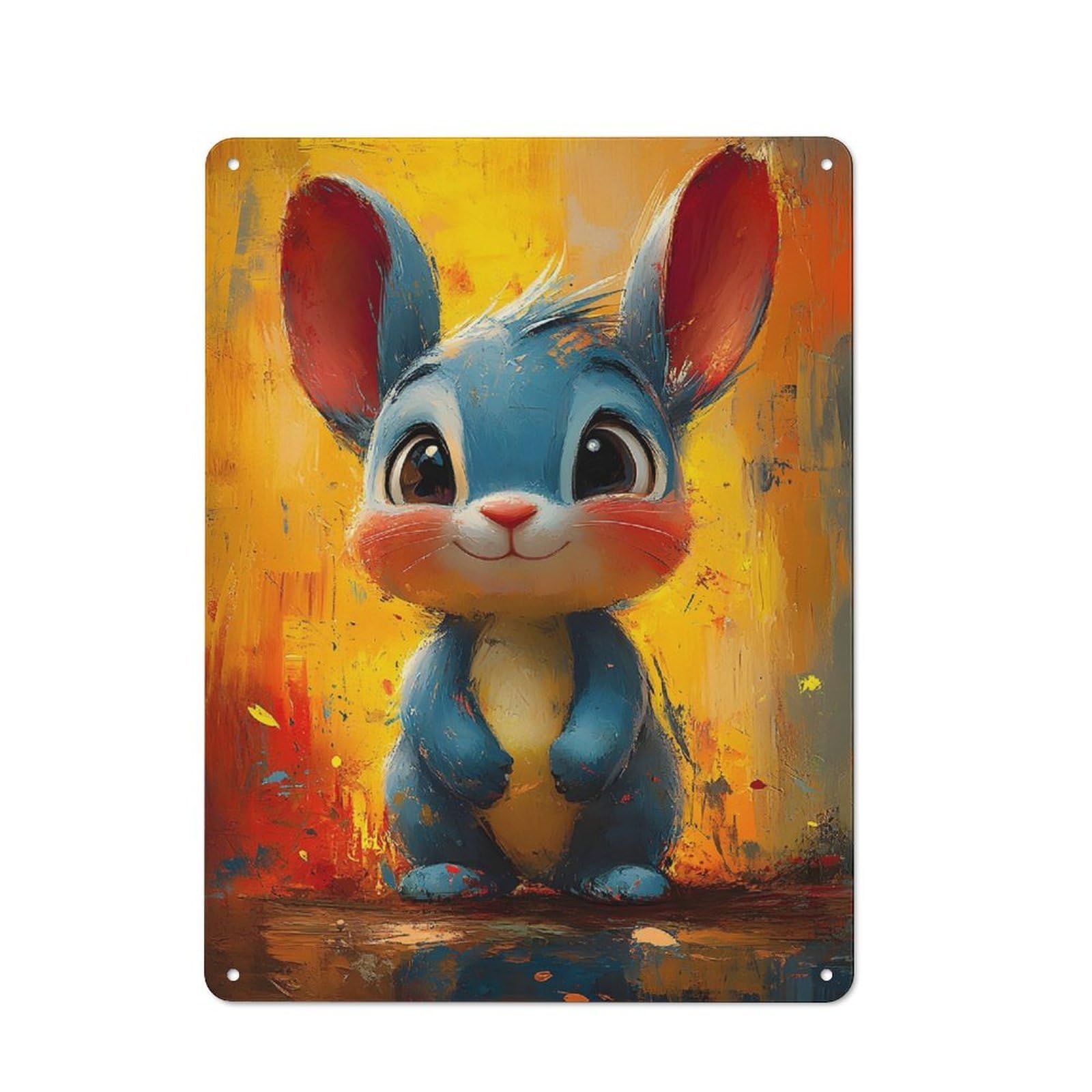 Junmoney Cute Blue Bunny Painting Metal Wall Sign 40X30cm Featuring For Pub Or Café, For Pub Decor Enthusiasts, For Retro Home Interiors