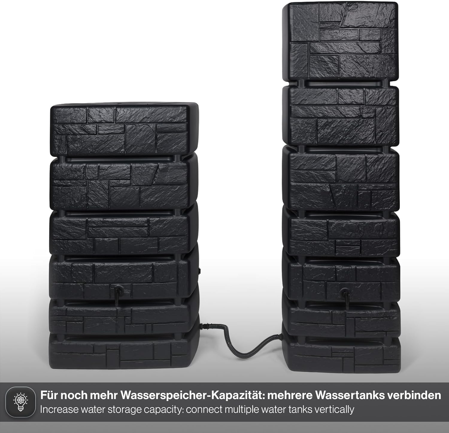Kreher Tonneau à eau XXL Tower Stone avec robinet, aspect pierre anthracite/gris, volume de 500 l, dimensions (l x p x h) : 77,5 x 58,3 x 130 cm (anthracite)
