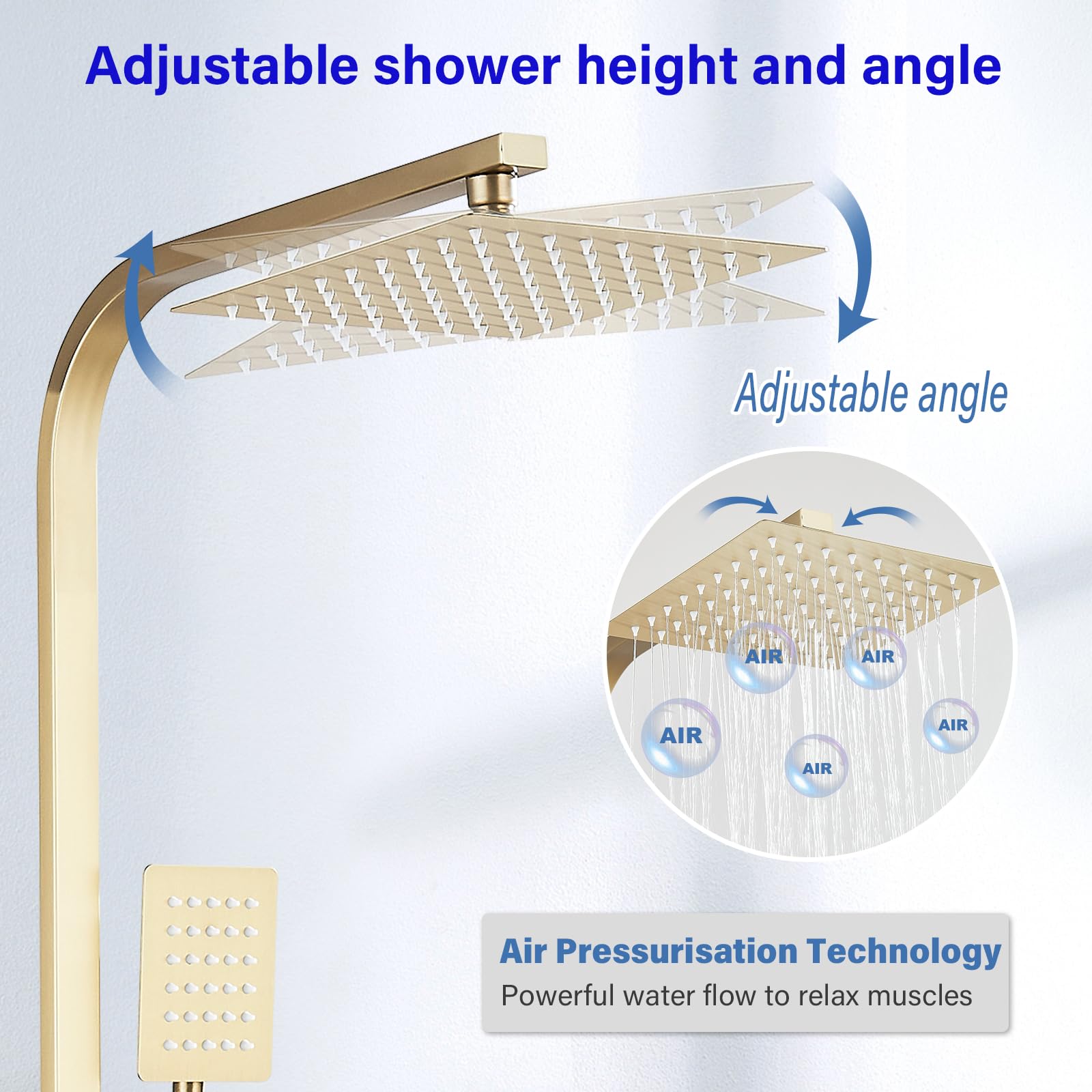 Colonna per doccia,Multifunzionale Set doccia regolabile in altezza, 8" soffione doccia a pioggia e quadrato doccia a mano,ottone,oro spazzolato