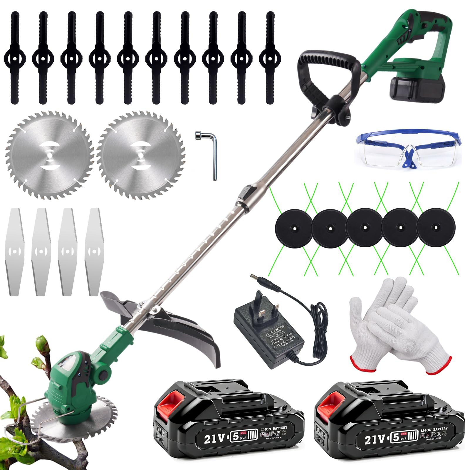 Cordless Strimmer Grass Trimmer with 2*Battery and Charger, Lightweight Strimmer Cordless, Battery Strimmer 21V MAX, Garden Strimmer Adjustable Head and Telescopic shaft for Lawn, Edges, Weeds — view 11