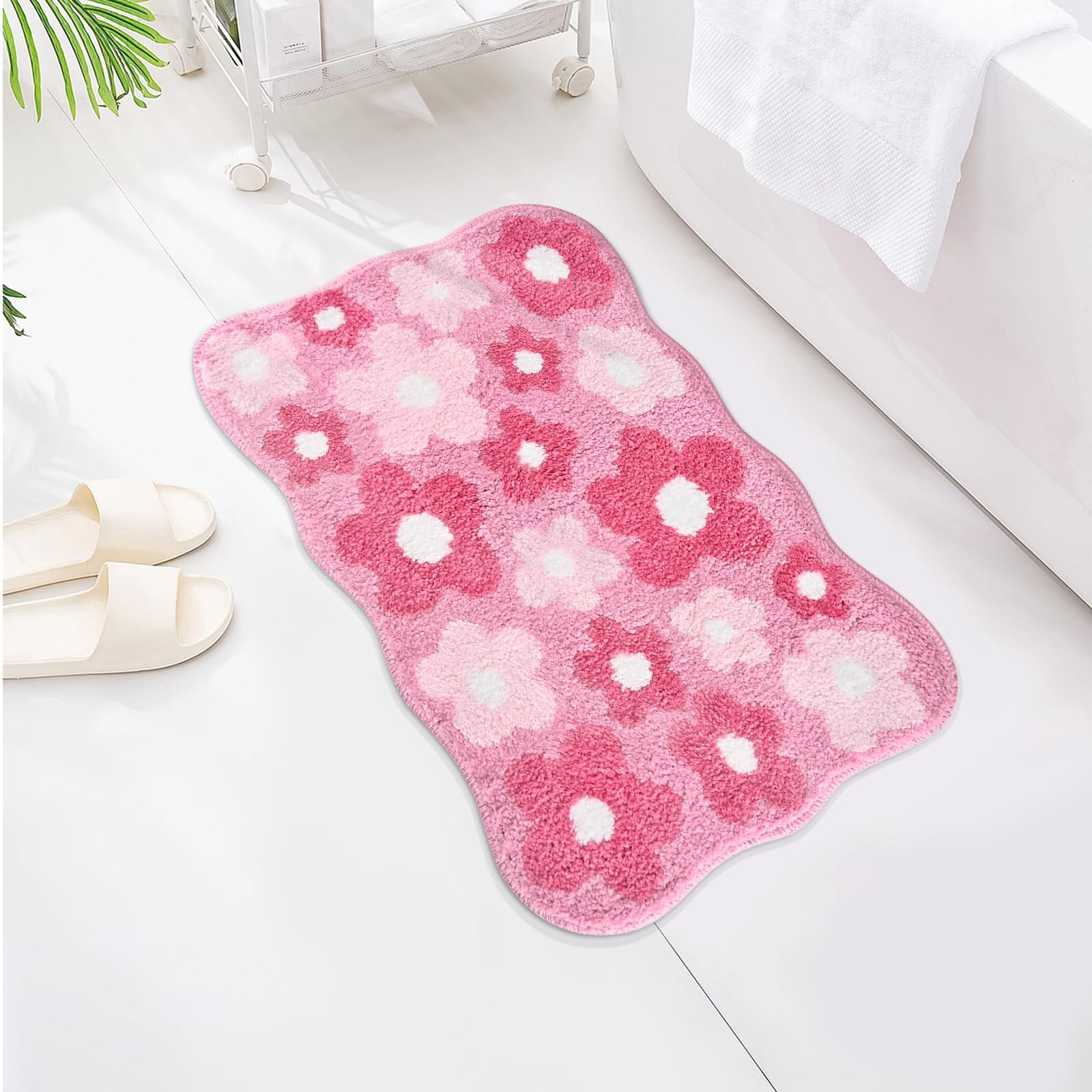 Floral Color Bathroom Rugs, 18"x24" Cute Flower Shaped Bath Mat, Non-Slip Extra Soft and Absorbent Carpet Rug for Floor Tub Shower, Machine Washable,
