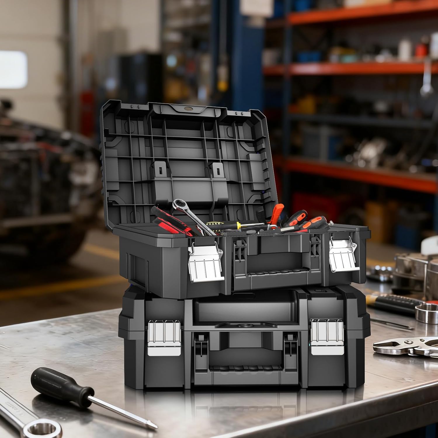 18 Inch Flat Top Tool Box | AIRAJ Stackable Modular Tool Organizer Box Storage System | Garage Storage | Home Repair | Professional Use | (SC1-A)