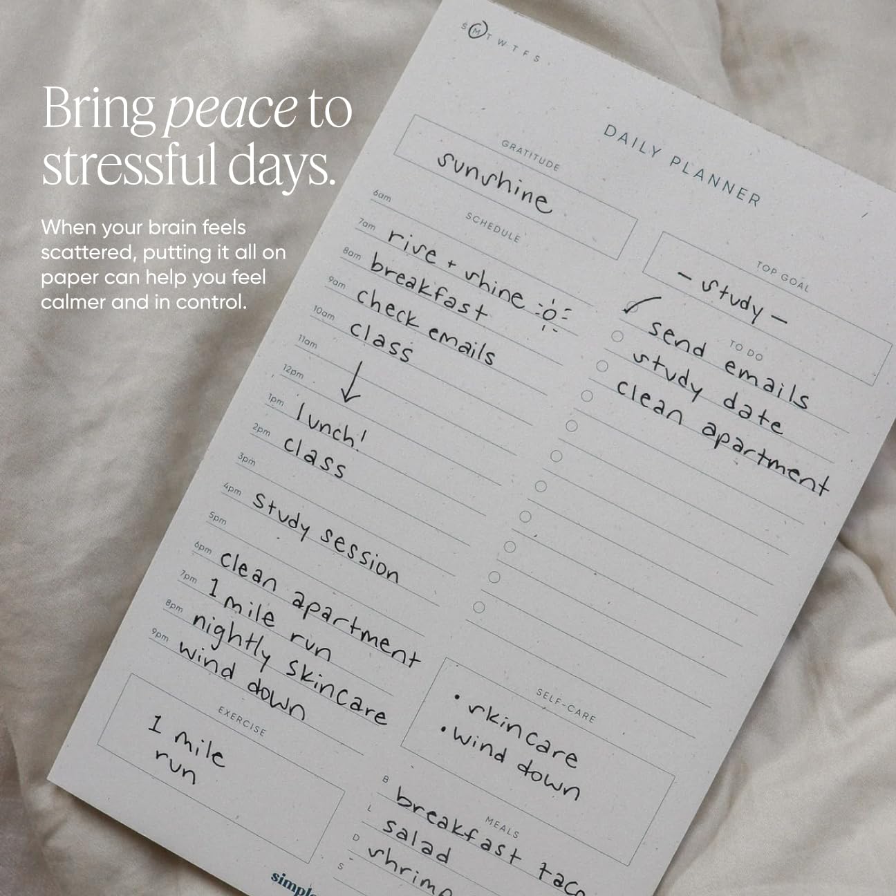 Simple Self - Bloc de notas diario por hora con lista de tareas, comidas, ejercicio, gratitud y cuidado personal, bloc de notas estético minimalista, 52 hojas