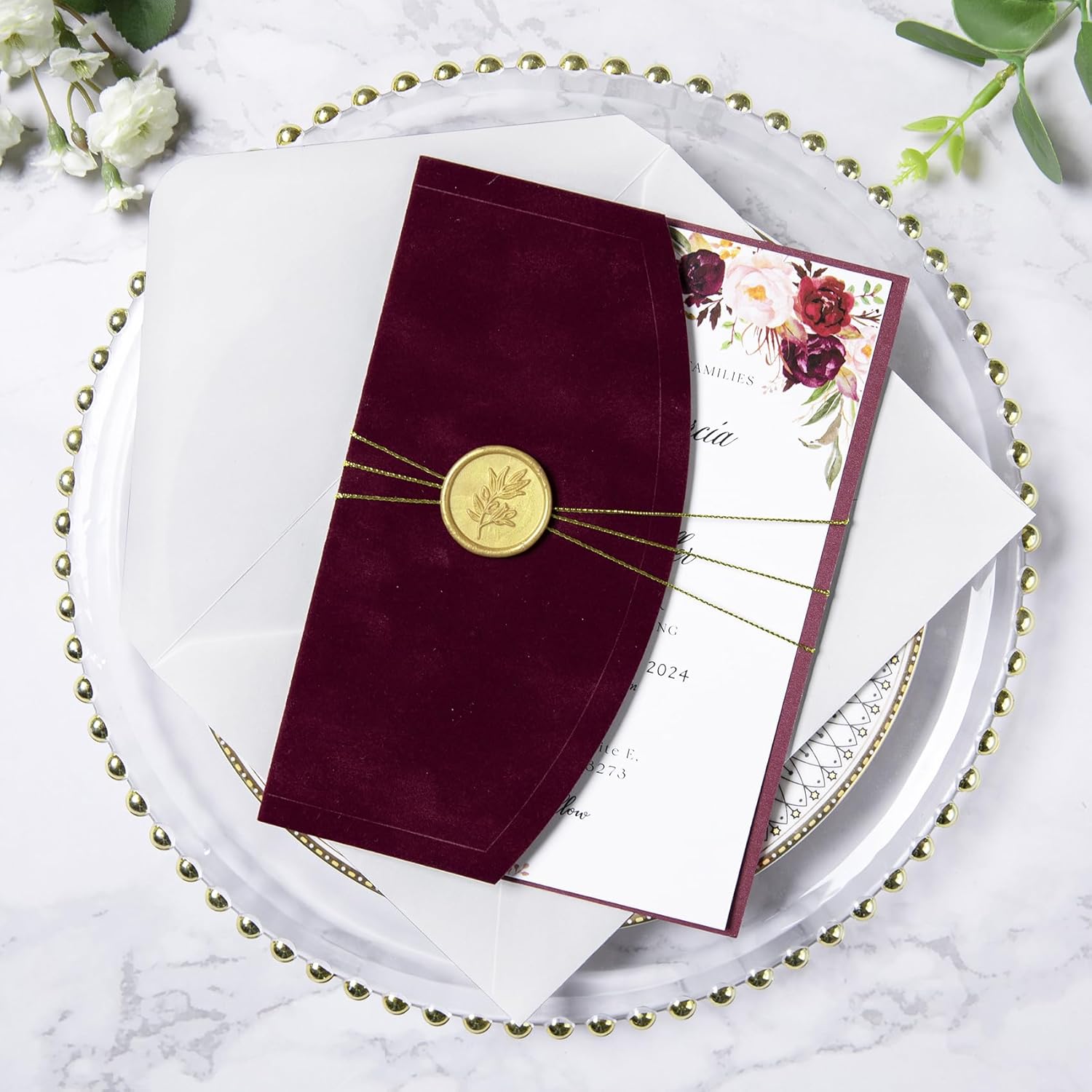PONATIA 20PCS Wedding Invitation Cards Kits - 5x7 Wrap Pocket Invitation Cards with Envelopes, Gold Wax Seals, Ribbons For Weddings, Baby Shower, Birthday, XV Anos, Quinceanera Invitation (Velvet Burgundy)