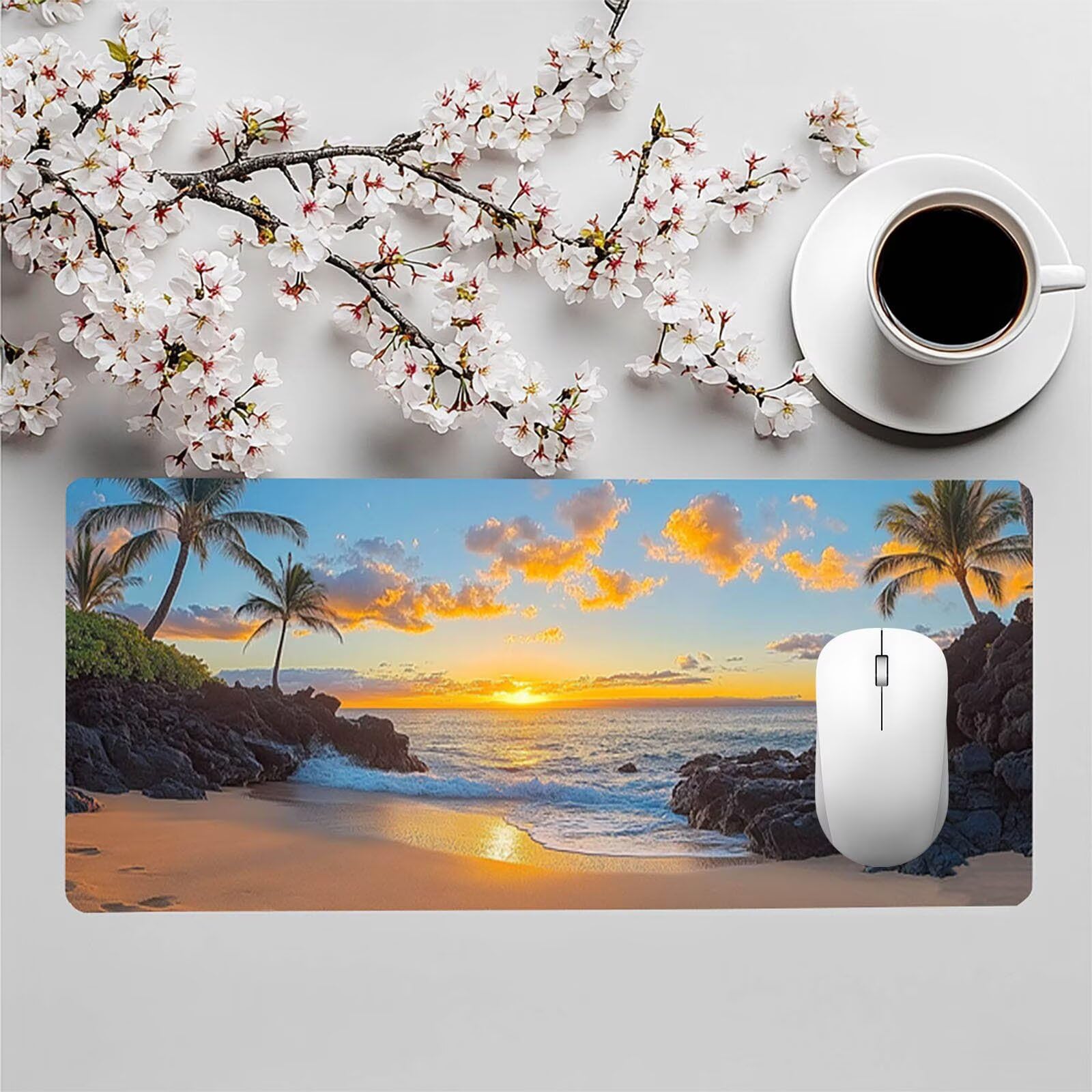 Podkładka pod mysz XXL 1000 x 500 x 3 mm, duża mata na biurko, plaża, szyte krawędzie, antypoślizgowa i wodoodporna, podkładka pod mysz z zachodem słońca kompatybilna z bezprzewodową klawiaturą i