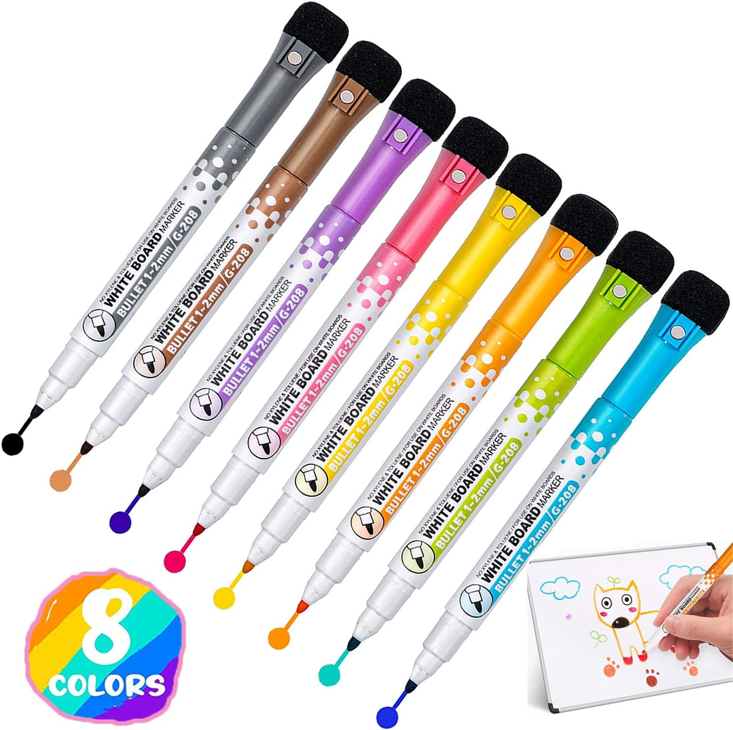 Panlom Whiteboard Pens with Eraser Dry Wipe Markers Fine Tip 8