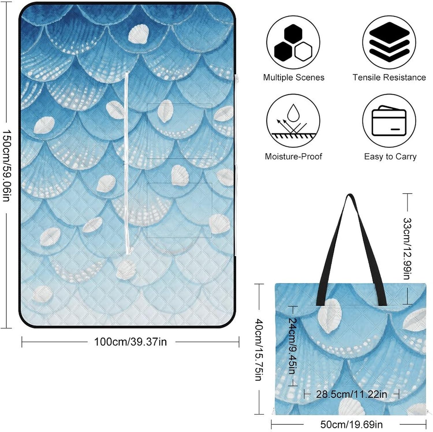 Fish Scale Pattern Picnic Blanket 150x100cm, Foldable 2-in-1 Picnic Mat and Tote Bag Portable Waterproof Beach Mat Sandproof Outdoor Blanket for Park, Hiking, Beach, Camping, Travel