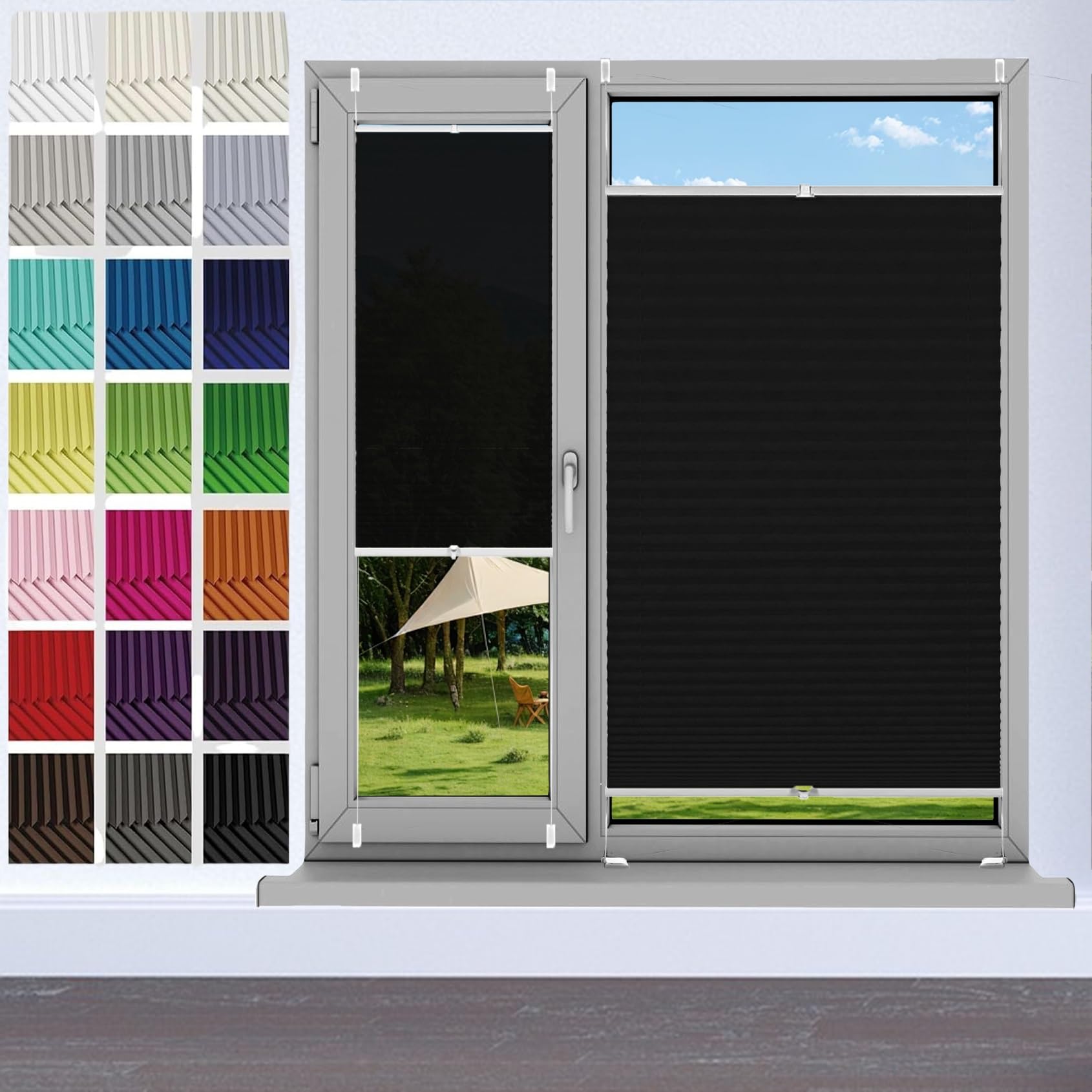 Temporary Shade Blinds No Drill Blinds 84 x 100 cm (W x H), No Drilling, Translucent, Crushed Look, Blinds Custom Pleated Blind, Honeycomb Pleated Blind, for Window Door, Black