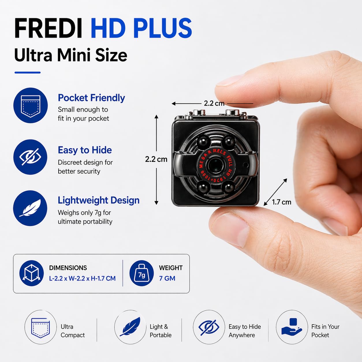 FREDI HD PLUS Mini Camera 1080P HD Body Cam with Clip, Small Travel Vlogging Camera, Motion Detection, 32GB TF Card Support, Compact Wearable Video Recorder for Home Office Outdoor Use