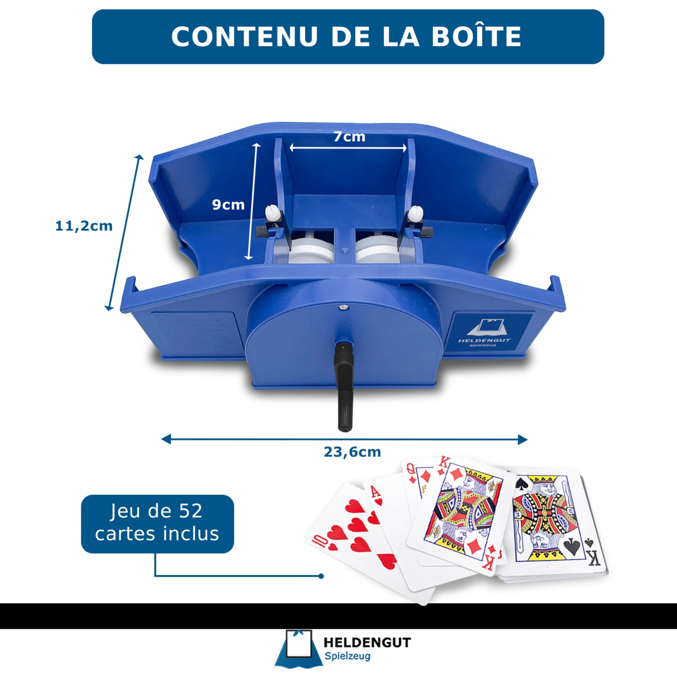 HELDENGUT Mélangeur De Cartes Manuel À Manivelle Pour Poker, Blackjack Et Rami – Machine À Mélanger Sans Piles Bleu