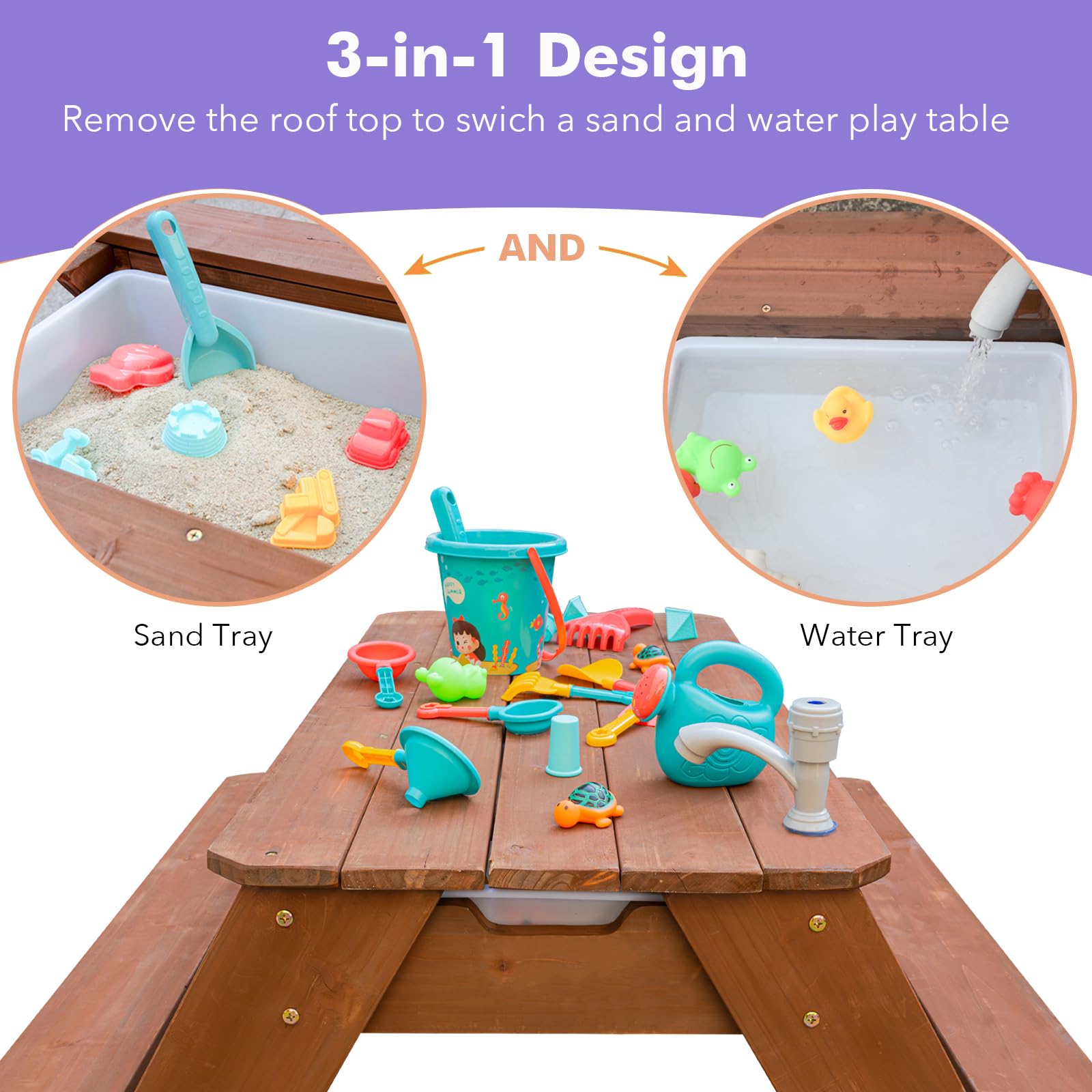 Kids - Tavolo da picnic 3 in 1 per attività in legno e acqua, per esterni, trasformabile, con ombrello, 2 scatole da gioco, parte superiore rimovibile, per esterni (Brown/Navy)