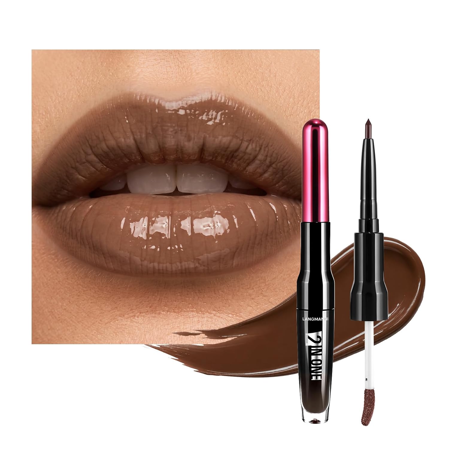 LANGMANNI 2-in-1 Lip Liner & Gloss Duo,Shade 08 Espresso Brown