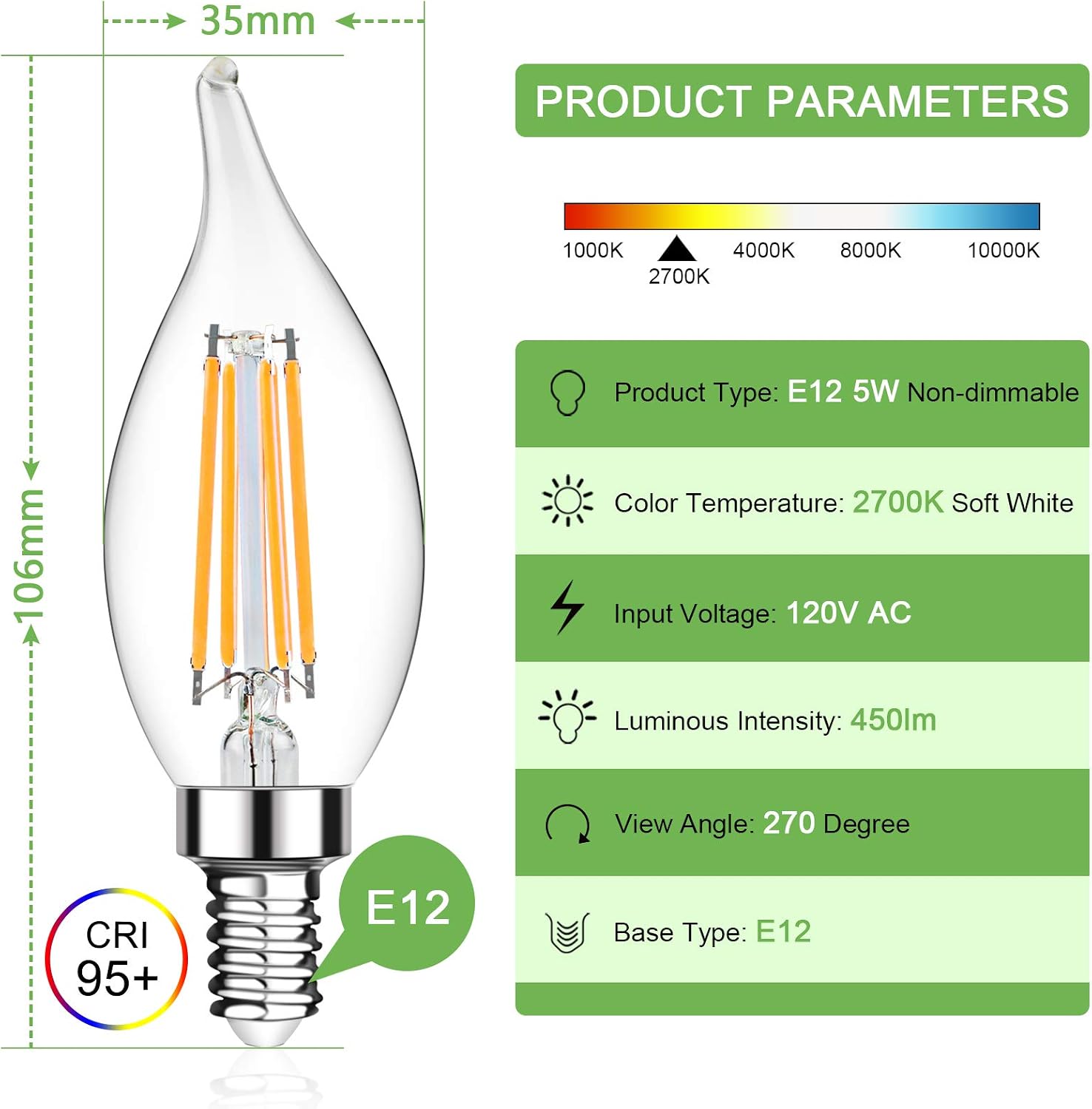 LANGREE E12 Candelabra LED Bulbs 40W Equivalent, High CRI 95+ Eye Protection Led Bulb, Non-Dimmable, 5W LED Chandelier Light Bulb, Flame Tip, 2700K Soft White, 450LM - Pack of 10