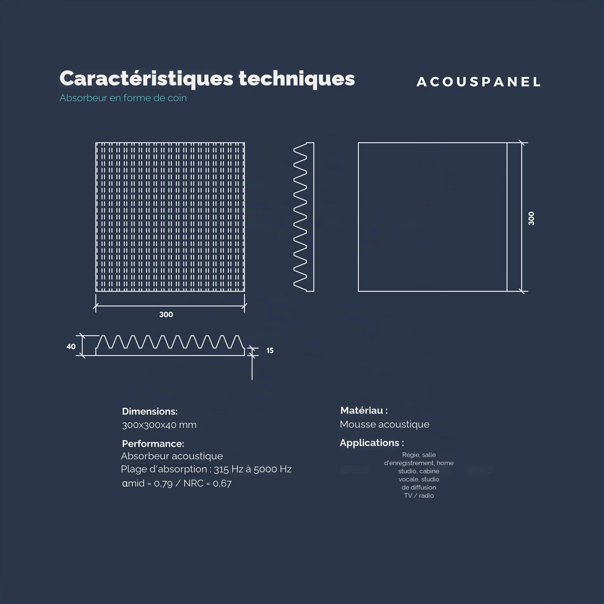 ACOUSPANEL Mousse Acoustique Panneaux Acoustiques Non Compressé Couleur Gris Anthracite (24 Unités - 30x30x4 cm)