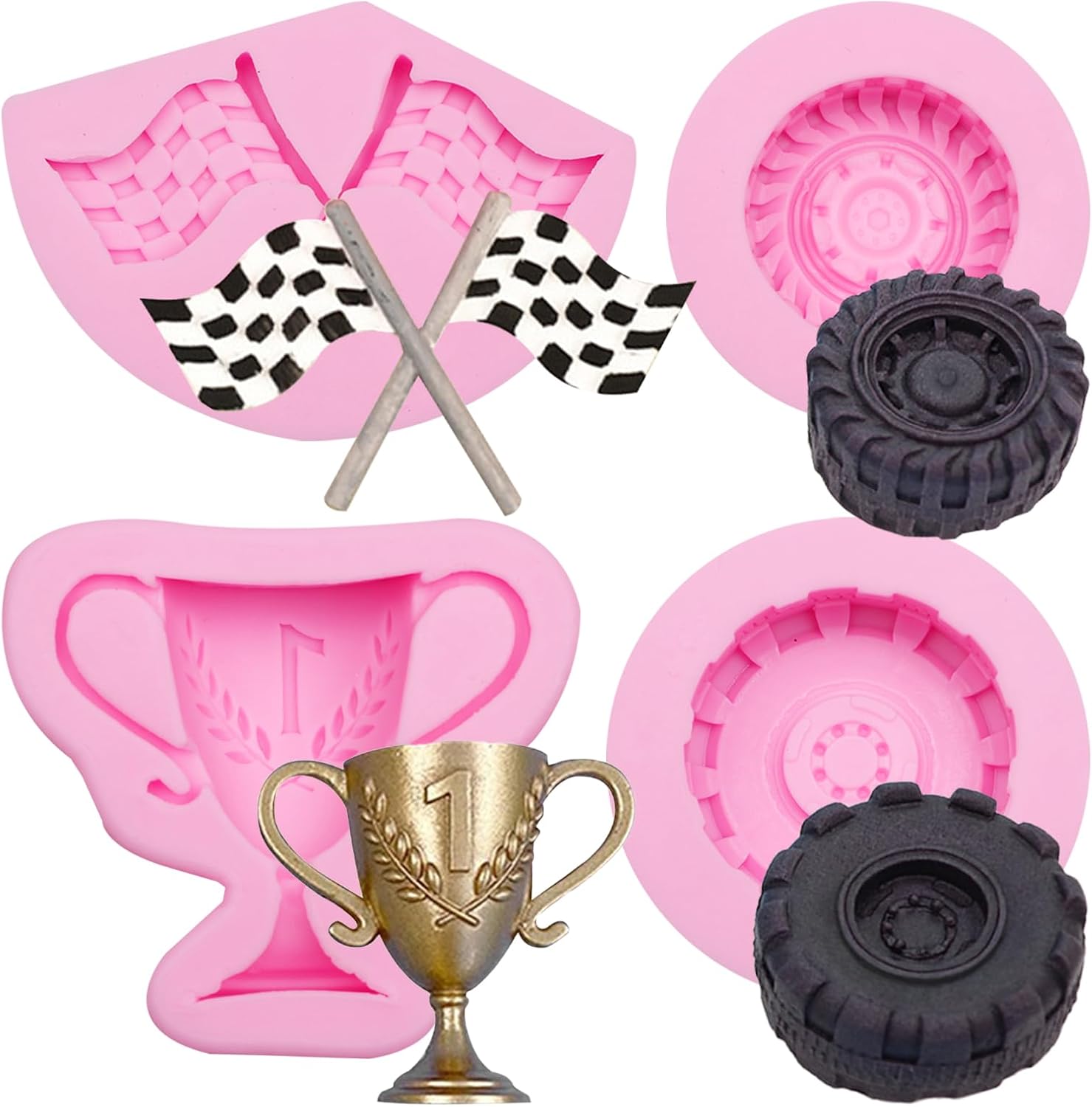 Race Car Silicone Molds, 3D Round Tire Fondant Mold, Truck Wheel Shape Silicone Mold, Racing Car Chocolate Candy Mold Baking Mold Cupcake Topper Decoration for DIY Boy Birthday Clay Resin Crafting