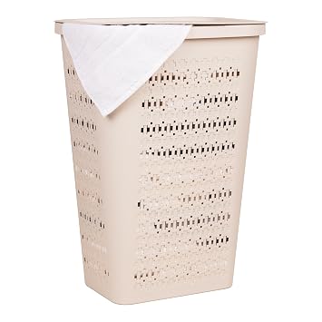 Mind Reader Slim Tapered Laundry Hamper with Lid, Clothes Basket with Swiss Cross Cut-Outs, Lightweight & Ventilated, Plastic, 16.75"L x 12.75"W x 23"H, Ivory