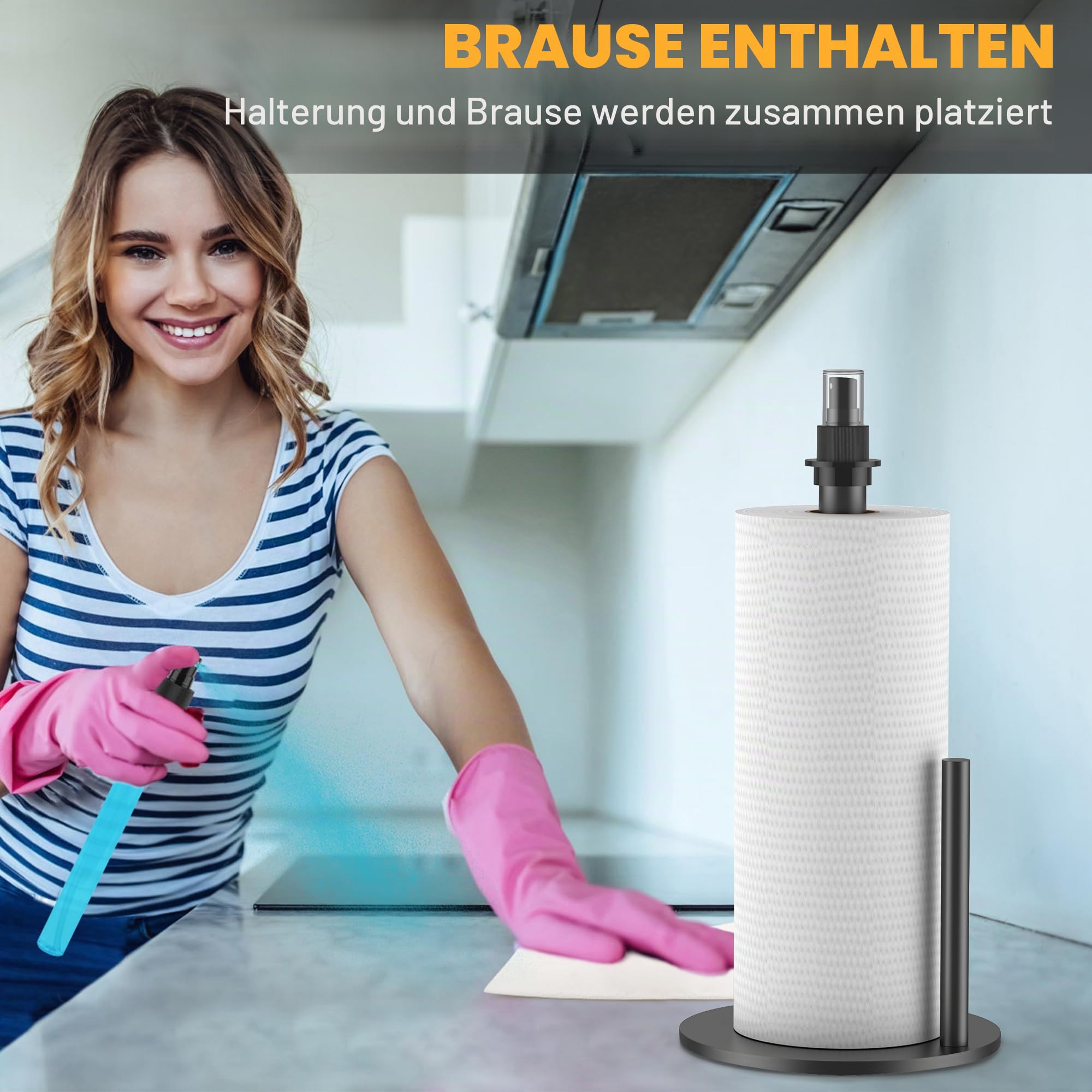 Papierhandtuchhalter mit Sprühflasche, Papierhandtuchspenderständer für die Arbeitsplatte mit Sprüher in der Mitte, Papierhandtuchhalterständer aus Edelstahl mit Sockel - Silber