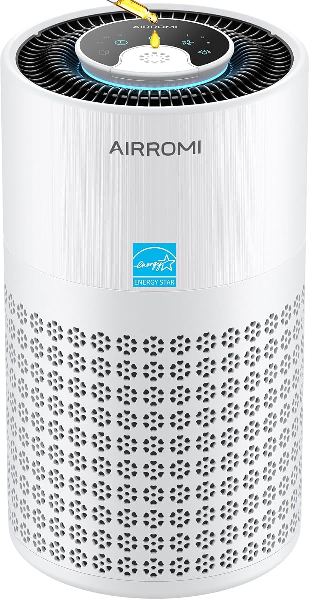 AIRROMI Air Purifier for Bedroom with HEPA 3-in-1 Filter, Pet Air Purifier for Home Cat Pee Smell, Covers Upto 990 Ft², Quiet 360° intake Air Cleaner for pet hair,allergies,Dust,Smoke A2001 White