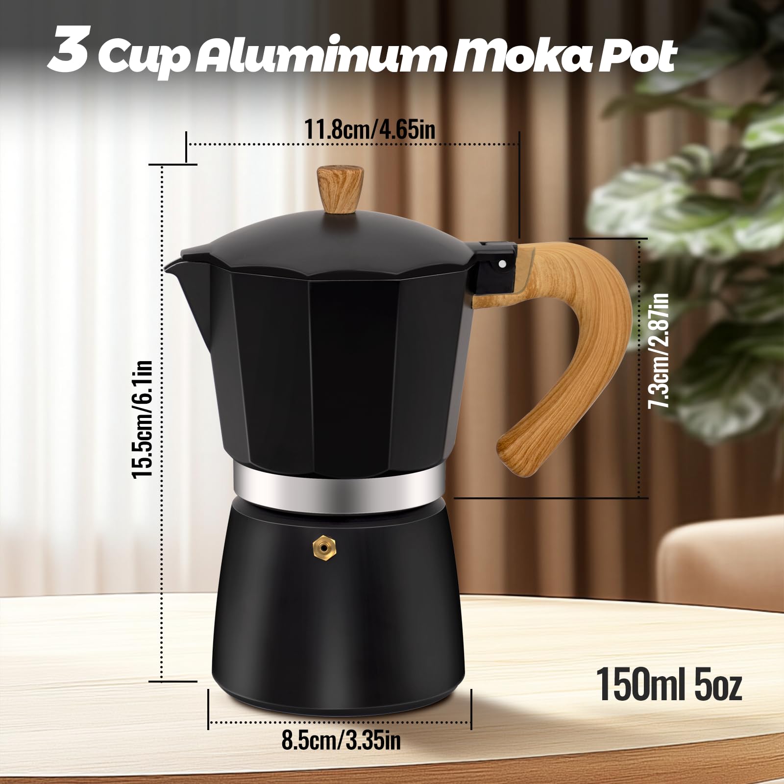 Cafetera Moka de aluminio para 3 tazas, color negro, clásica, 150 ml, cafetera percolador Mocha Express Classic Cafe Maker para café italiano y cubano