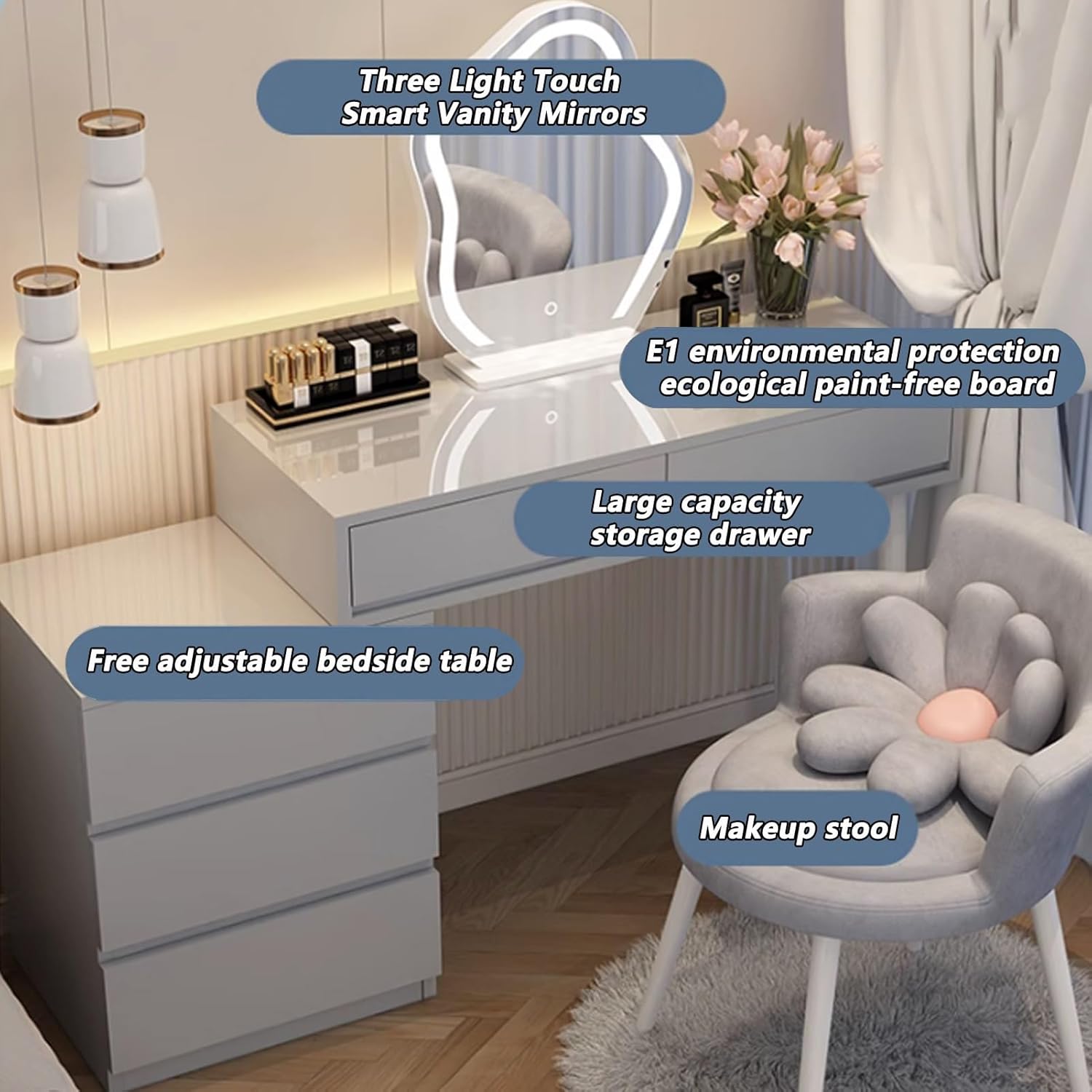 3-Color Lighted Vanity Desk Set for Girls, Dressing Table with 2 Drawers & Stool, Moveable Nightstand, Elegant White Bedroom Furniture - 80cm/31.4in