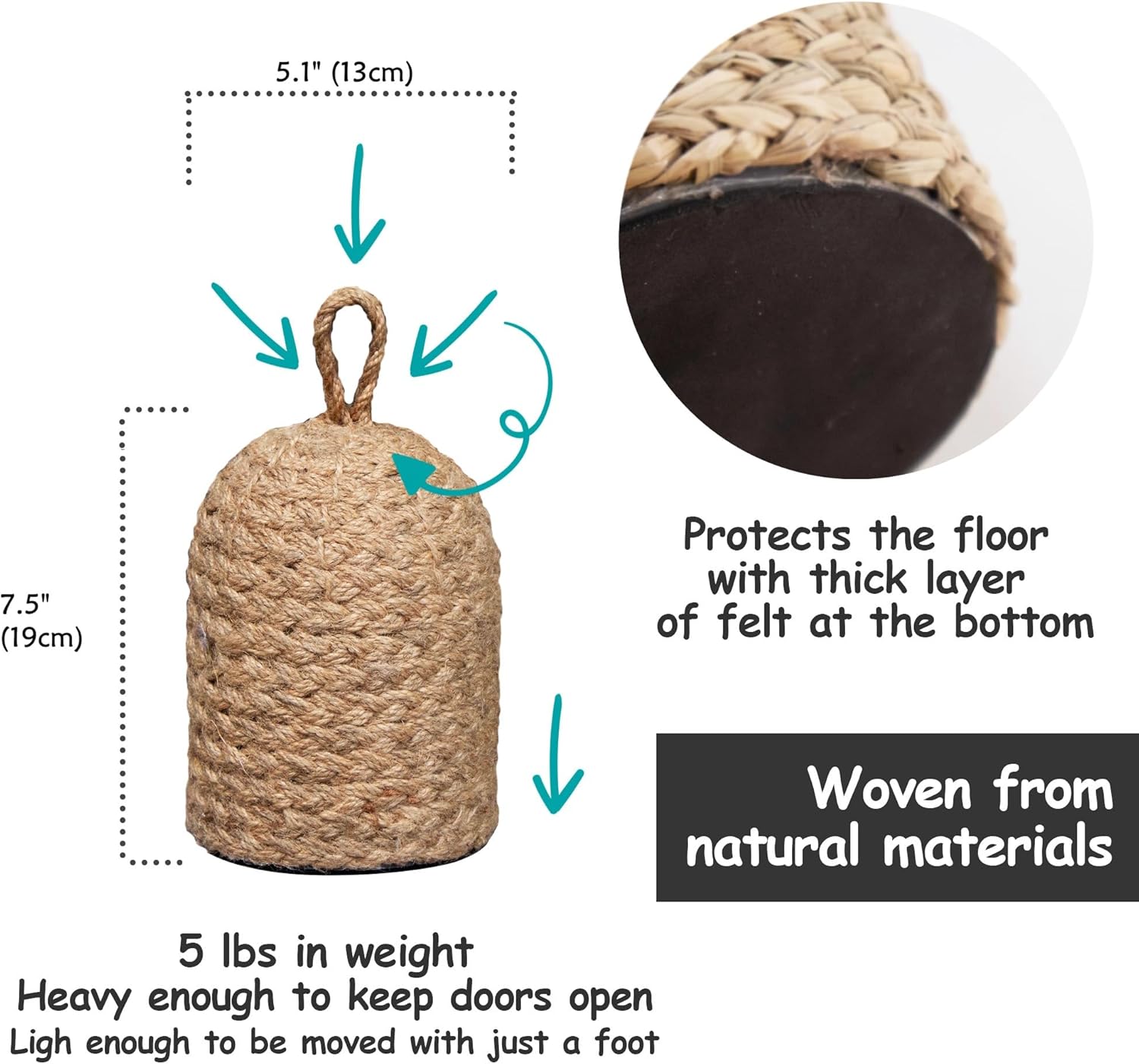 PEMAR Handwoven Jute Door Stopper with Handle – Weighted Door Stop for Indoor Use, Floor-Friendly Felt Base, Subtle Handcrafted Home Accent (5.1''D x 7.5''H, 5.2lb)
