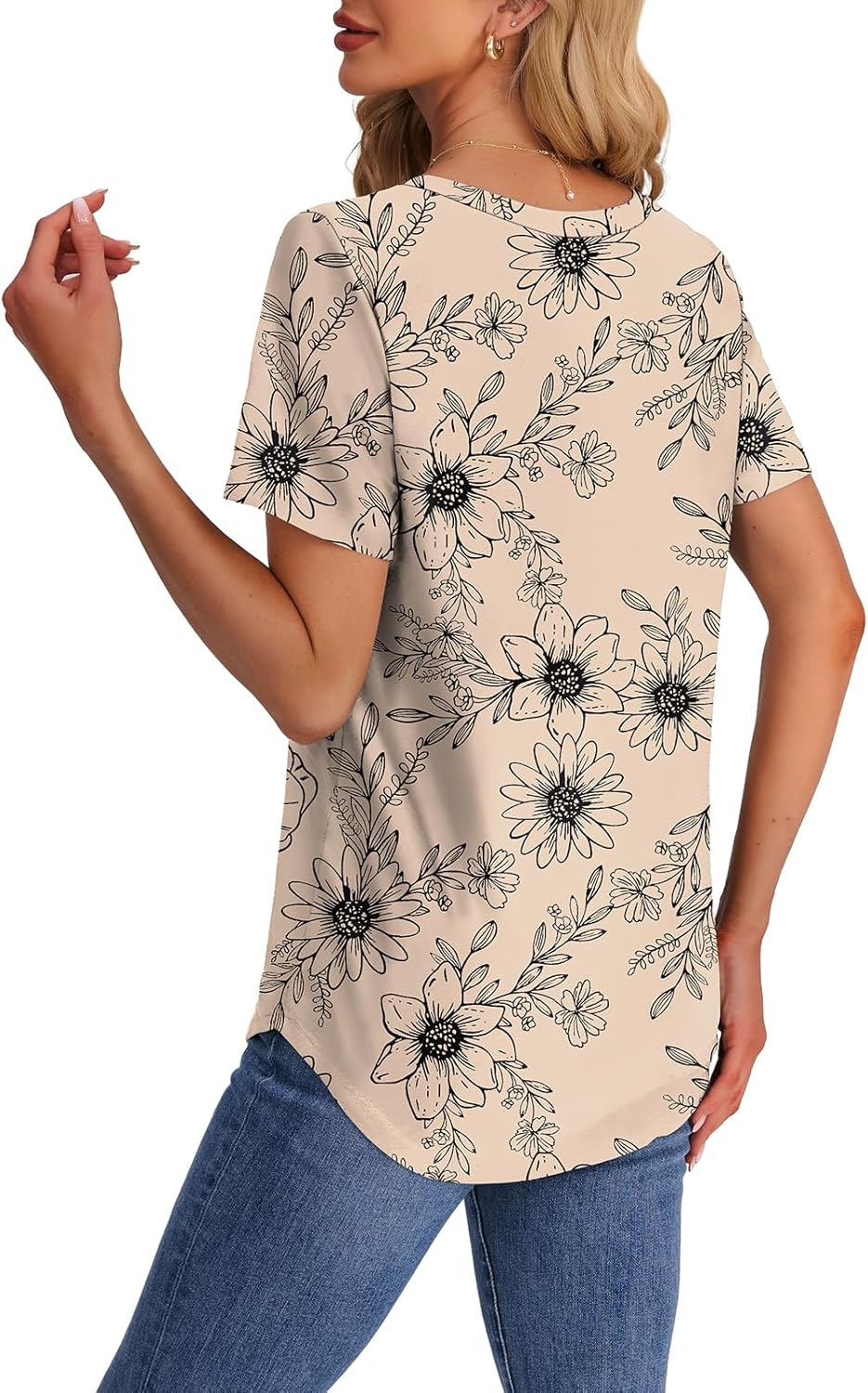 OFEEFAN Womens T Shirts V Neck Short Sleeve Casual Tops Loose Fit Basic Tees with Curved Hem - Image 5