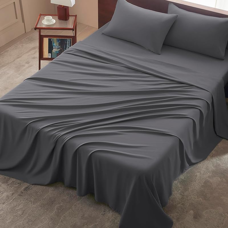 USXIBEI King Size 4 Piece Sheet Set - Comfy Breathable & Cooling Bed Sheets Set, Soft and Wrinkle Free, Deep Pockets, Easy & Secure Fit, Hotel Luxury Bedding - Oeko-Tex - Dark Grey