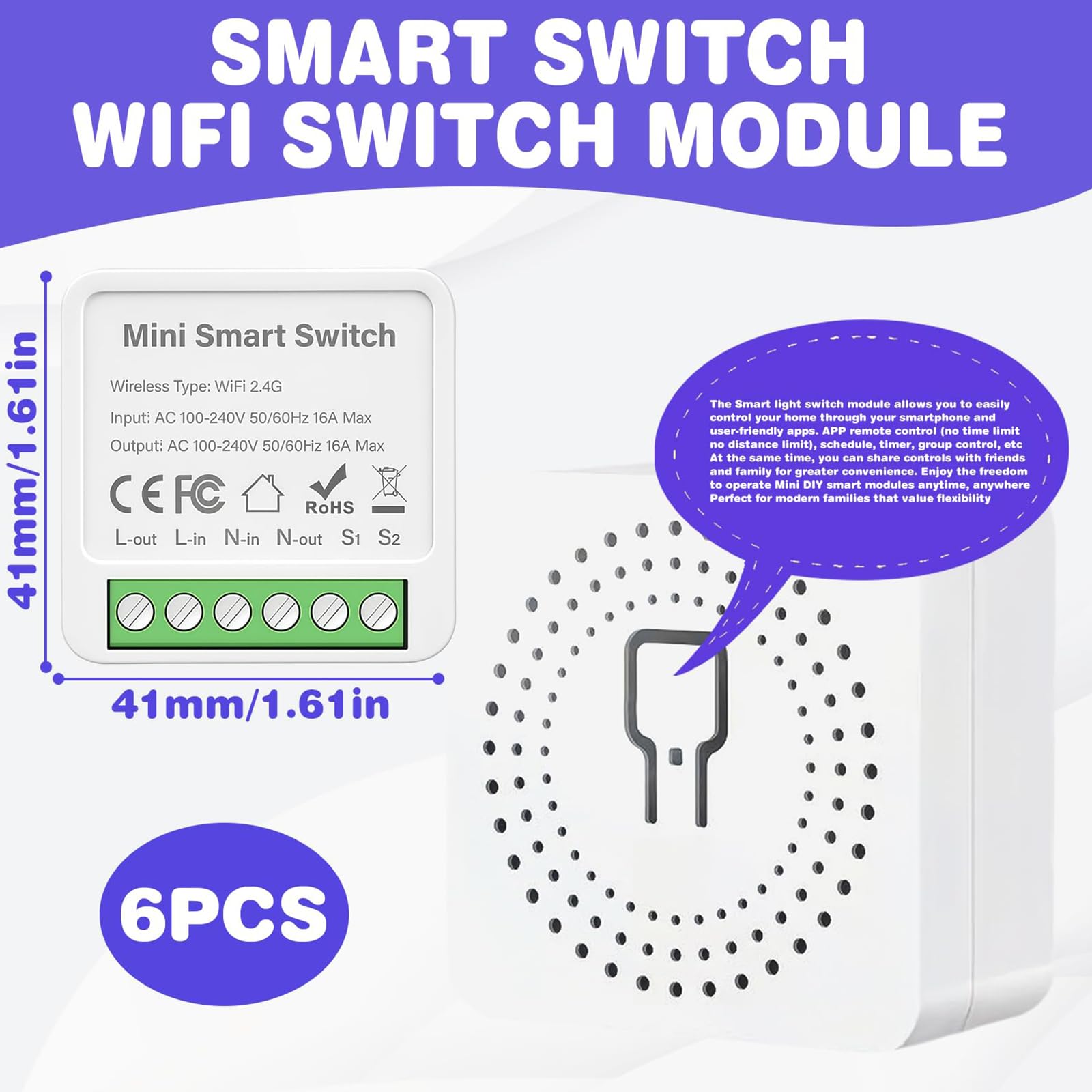 6 interruttori della luce intelligenti modulo a 2 vie, interruttore Wi-Fi Smart Life, mini interruttore Wi-Fi fai da te, compatibile con app Tuya, Alexa e Google Home, si adatta dietro interruttore a