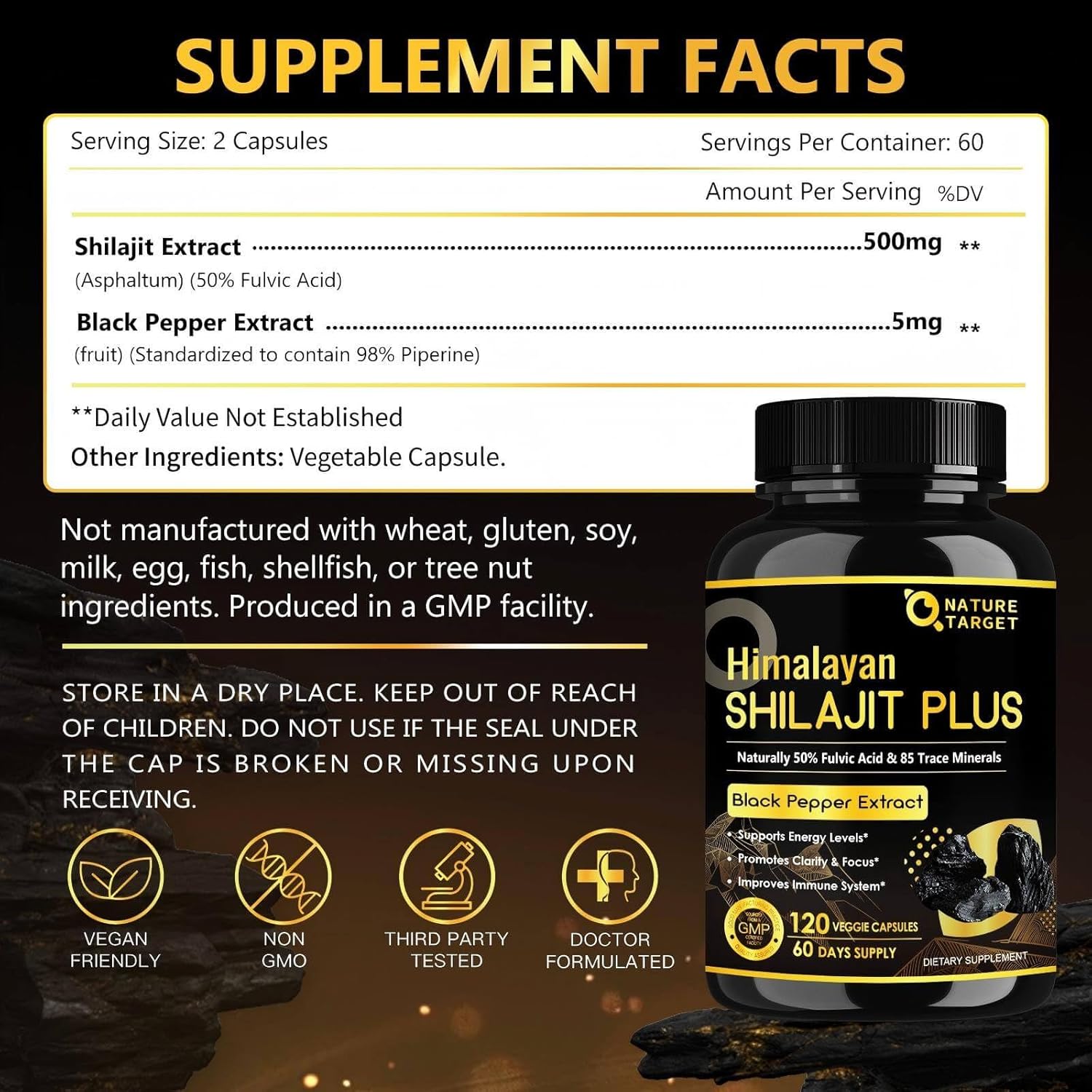 NATURE TARGET Shilajit | Shilajit for Men & Women | Fulvic Acid & Trace Minerals | 500mg Maximum Potency Better Than Shilajit Resin | 120 Capsules - Image 2